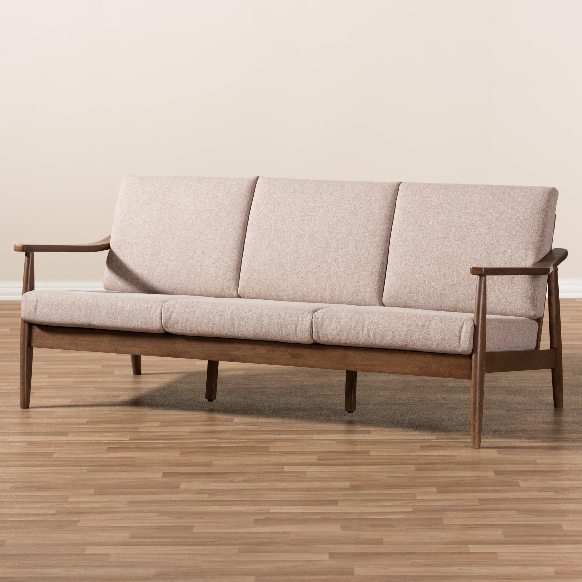 Venza Mid-Century Modern Wood Light Fabric Upholstered 3-Seater Sofa