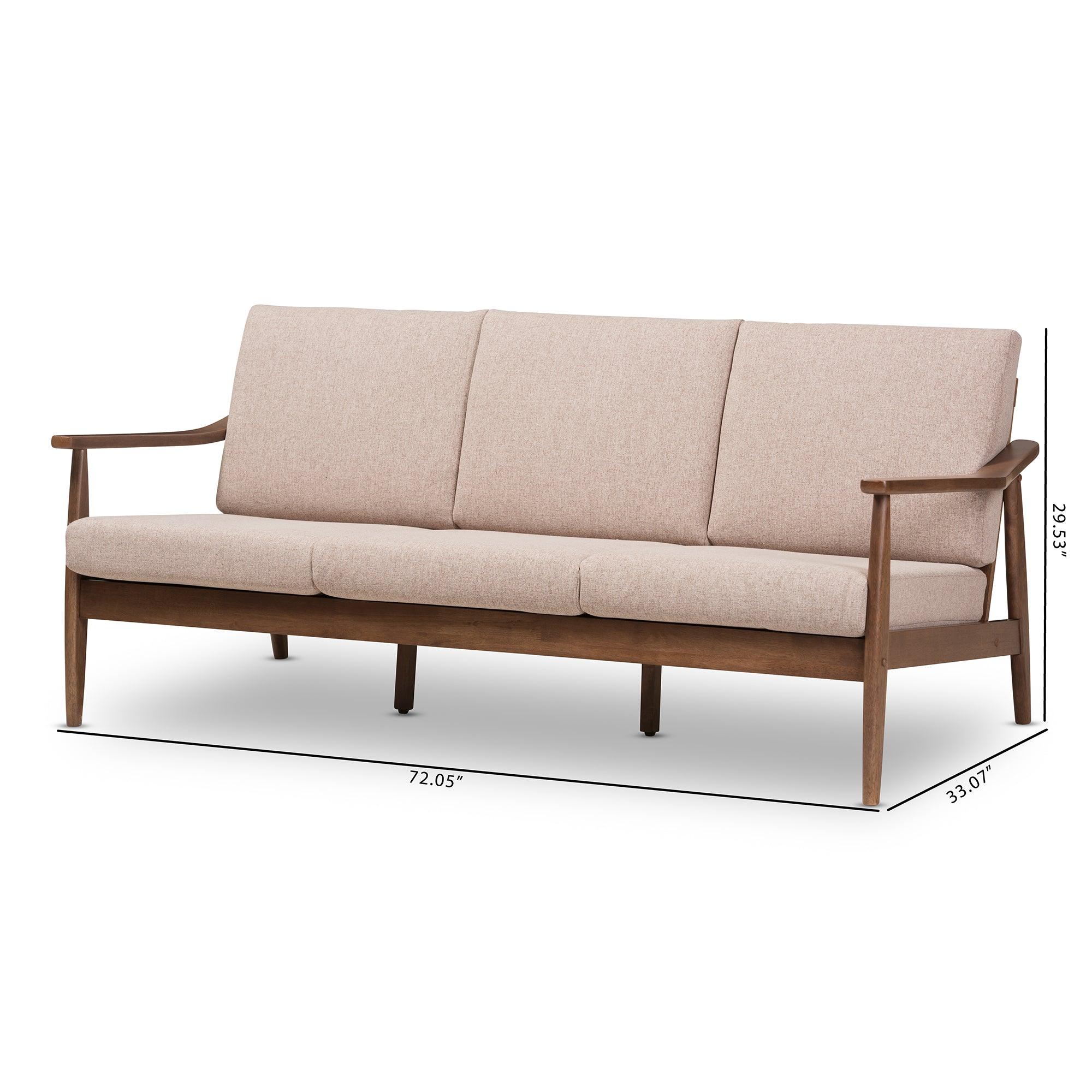 Venza Mid-Century Modern Wood Light Fabric Upholstered 3-Seater Sofa