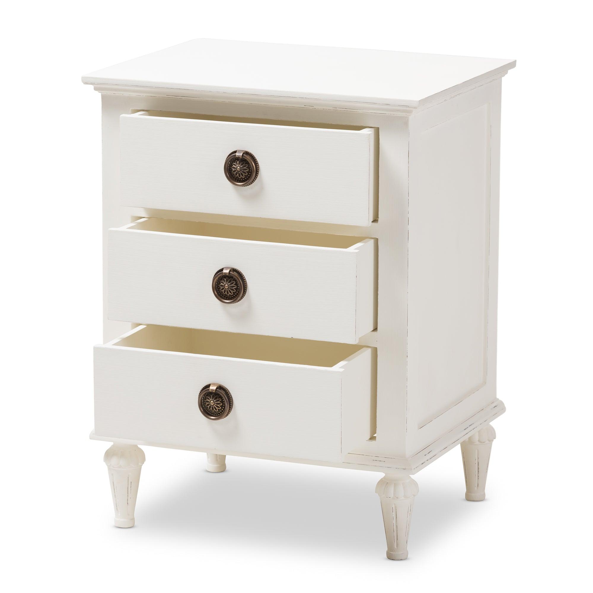 Venezia French-Inspired Rustic wash Wood 3-Drawer Nightstand