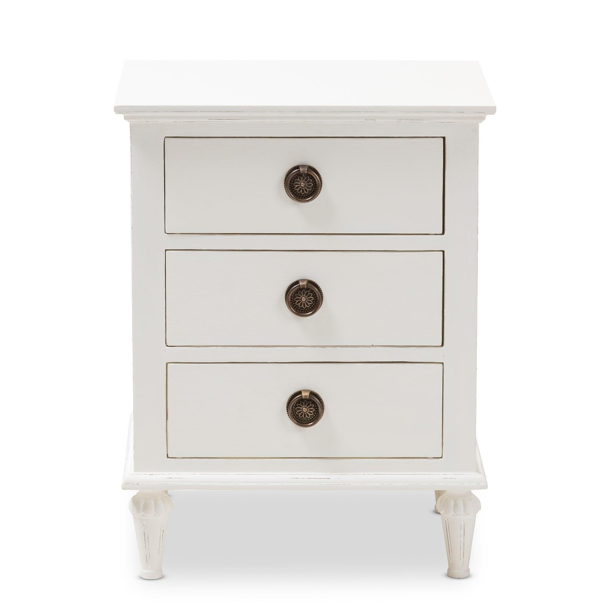 Venezia French-Inspired Rustic wash Wood 3-Drawer Nightstand