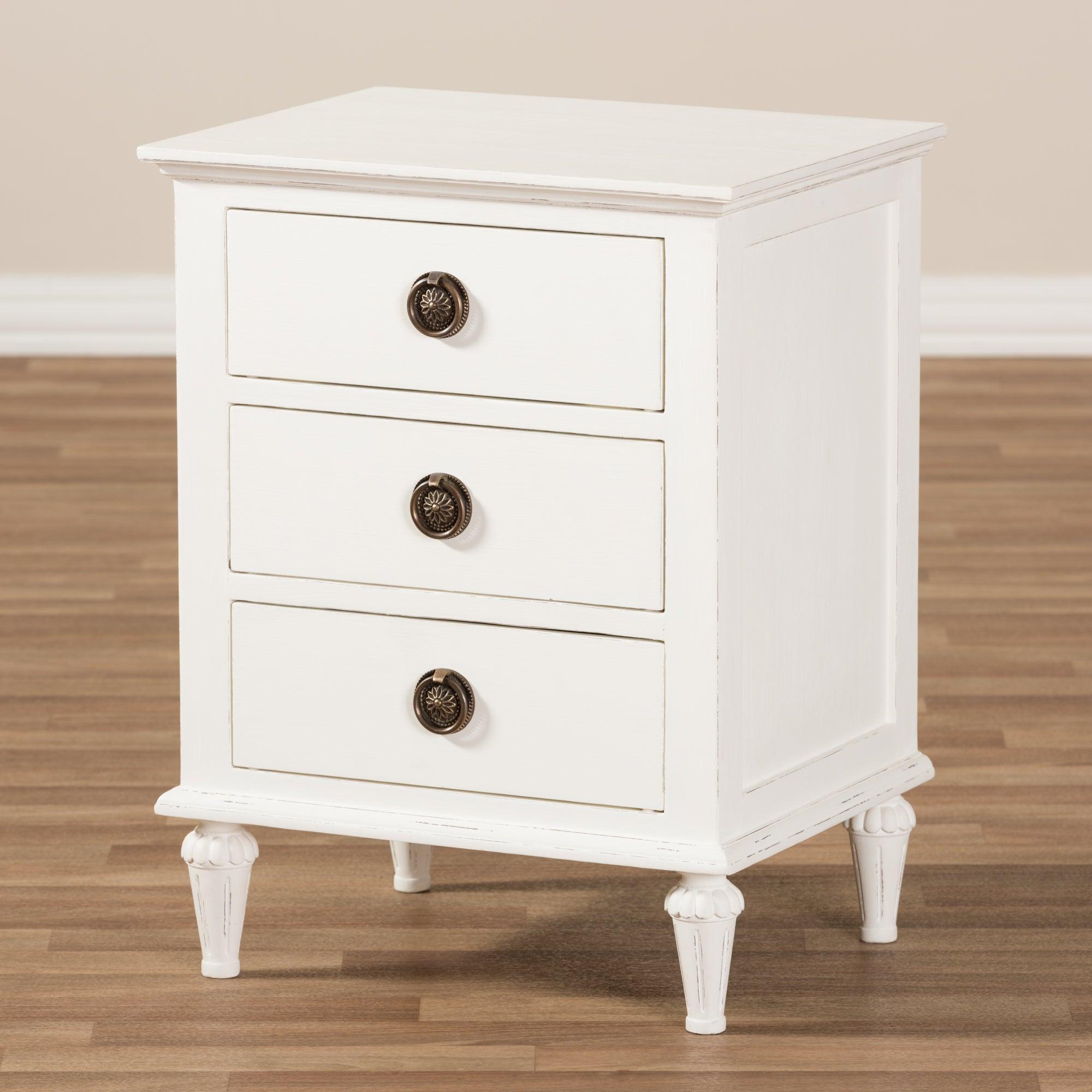 Venezia French-Inspired Rustic wash Wood 3-Drawer Nightstand