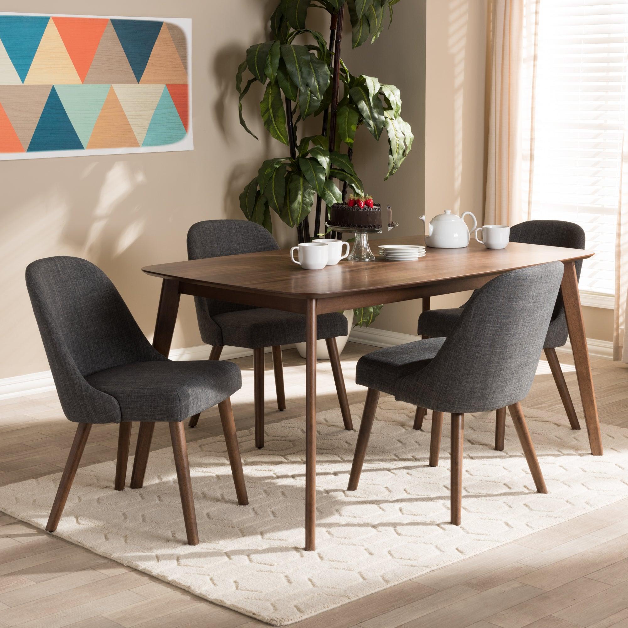 Cody Mid-Century Modern Dark Fabric Upholstered Finished Wood 5-Piece Dining Set