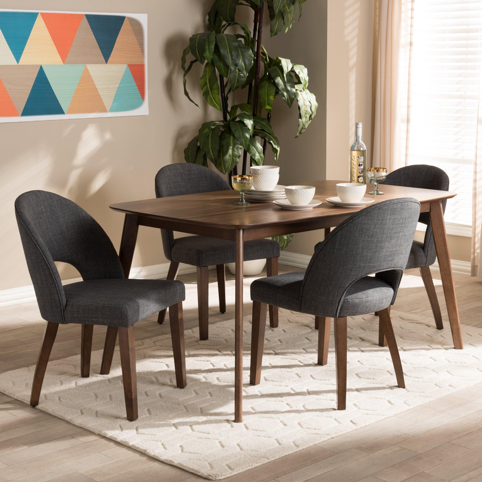 Wesley Mid-Century Modern Dark Fabric Upholstered Finished Wood 5-Piece Dining Set