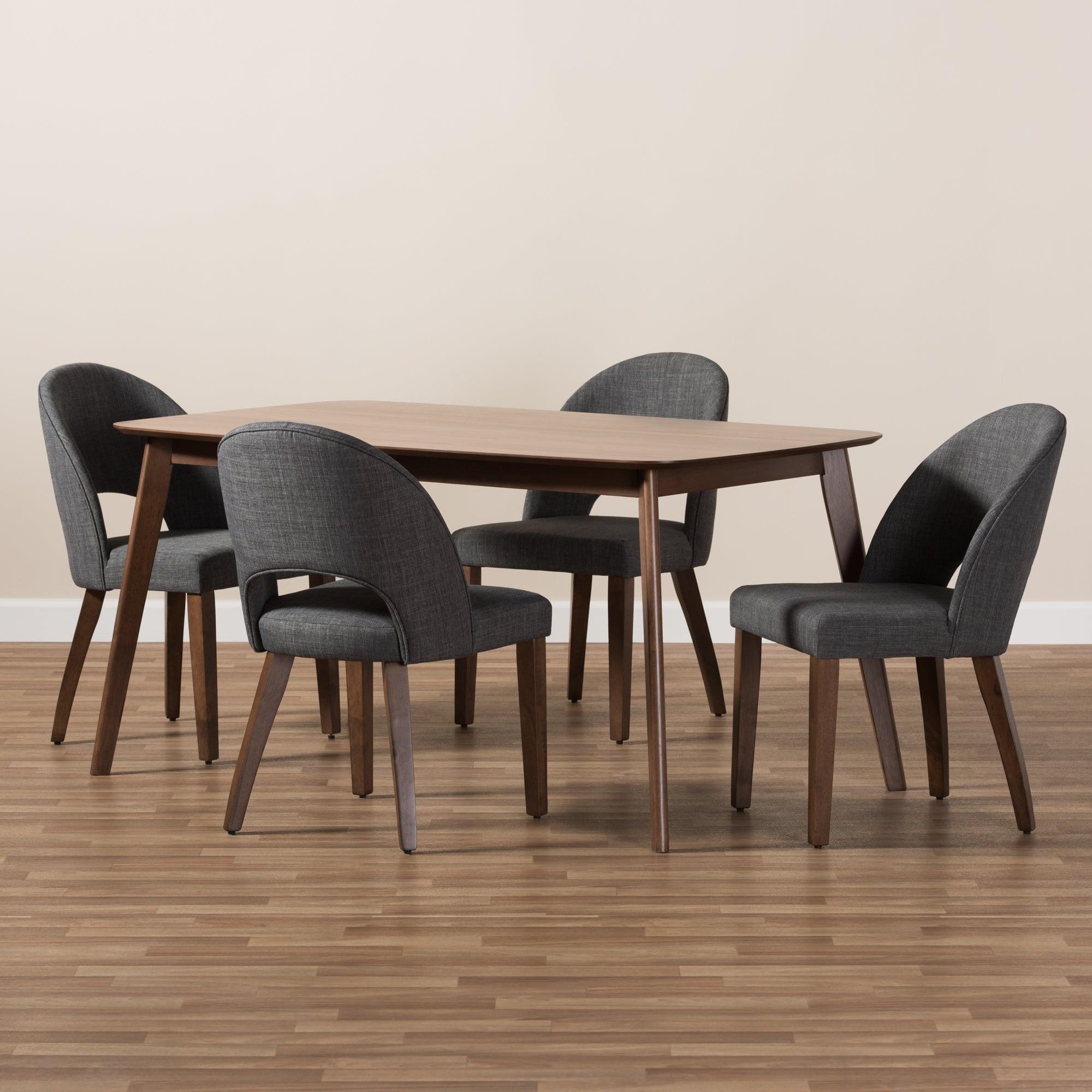 Wesley Mid-Century Modern Dark Fabric Upholstered Finished Wood 5-Piece Dining Set