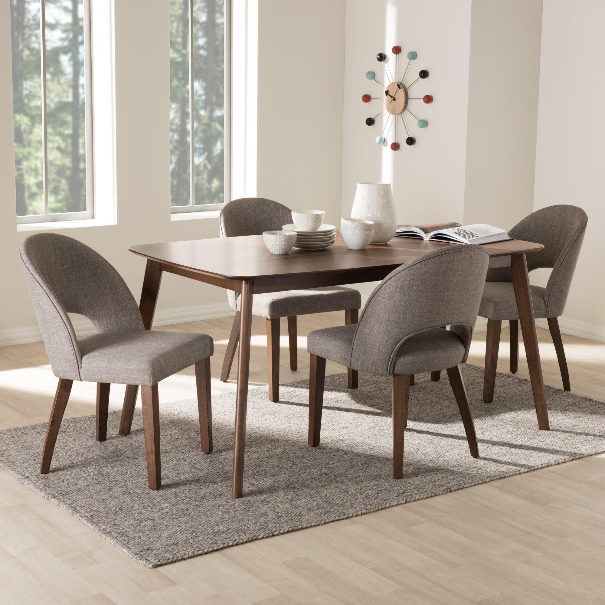 Wesley Mid-Century Modern Light Fabric Upholstered Finished Wood 5-Piece Dining Set