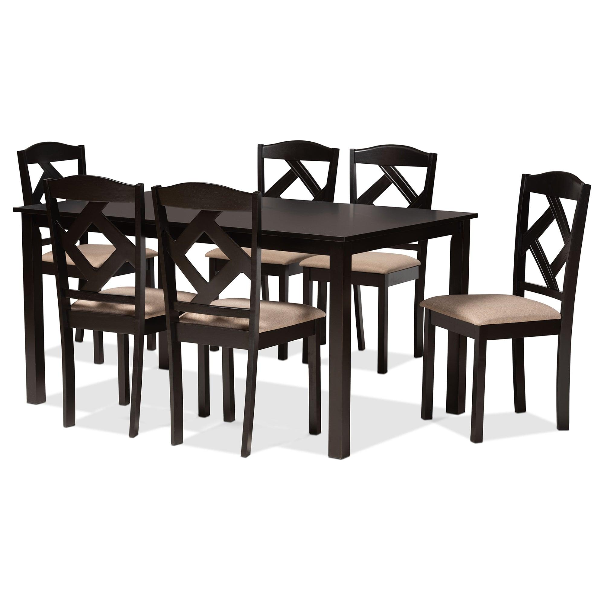 Ruth Sand Fabric Upholstered and Finished Wood 7-Piece Dining Set