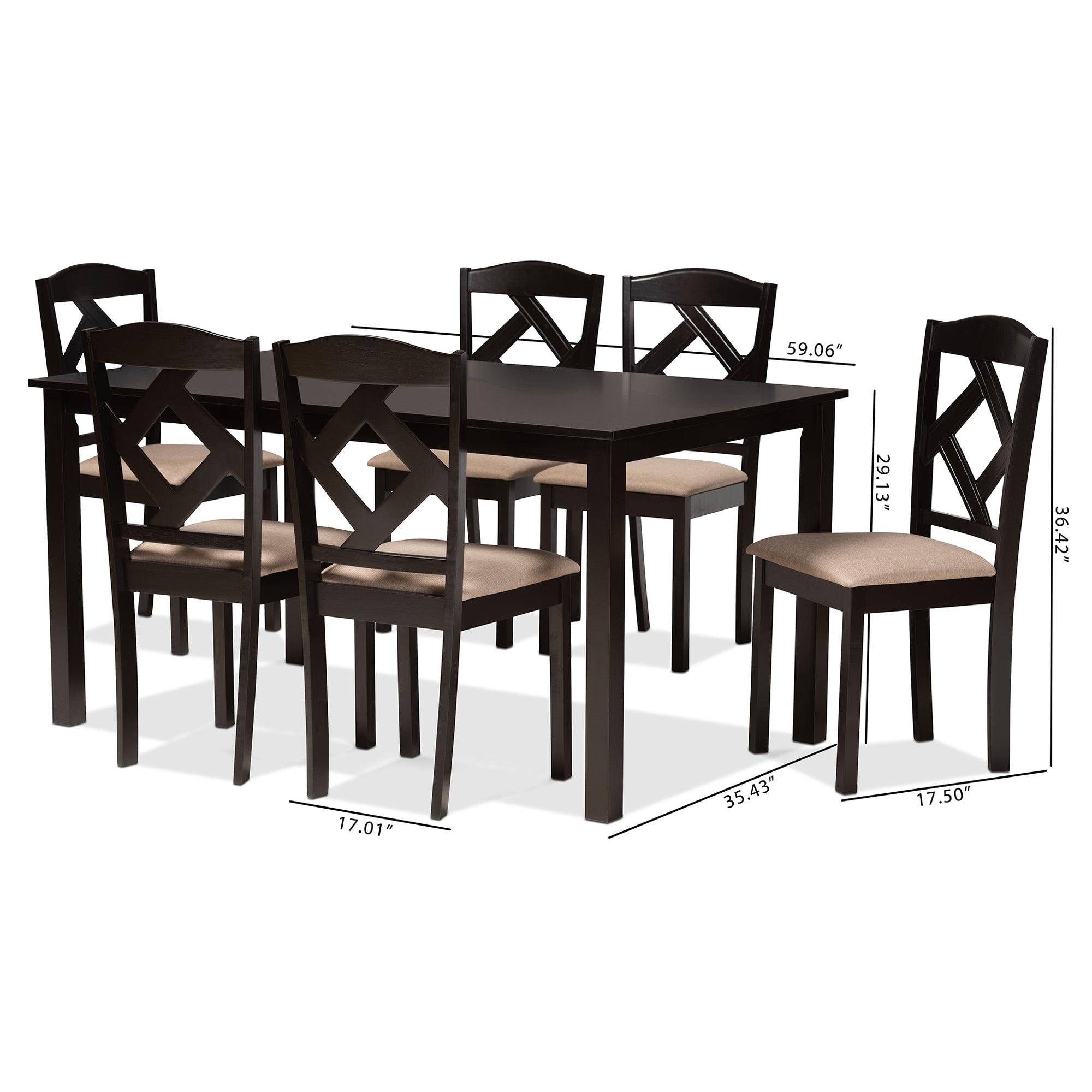 Ruth Sand Fabric Upholstered and Finished Wood 7-Piece Dining Set