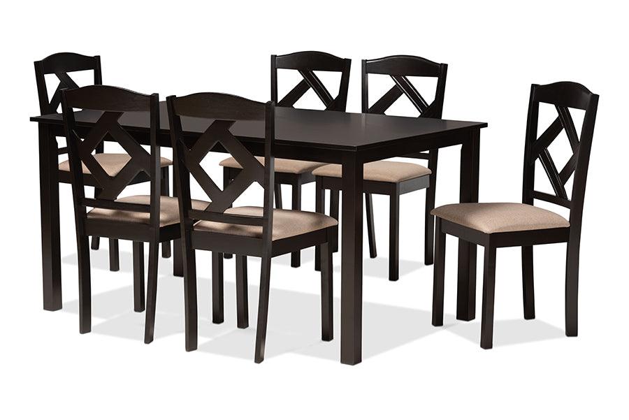 Ruth Sand Fabric Upholstered and Finished Wood 7-Piece Dining Set