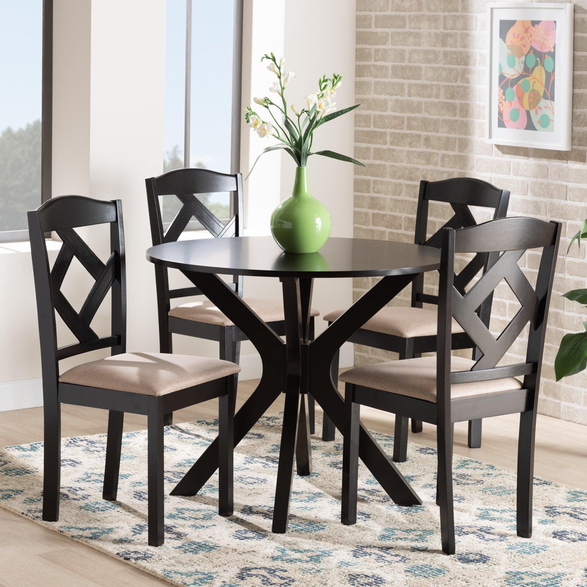 Carlin Sand Fabric Upholstered and Finished Wood 5-Piece Dining Set