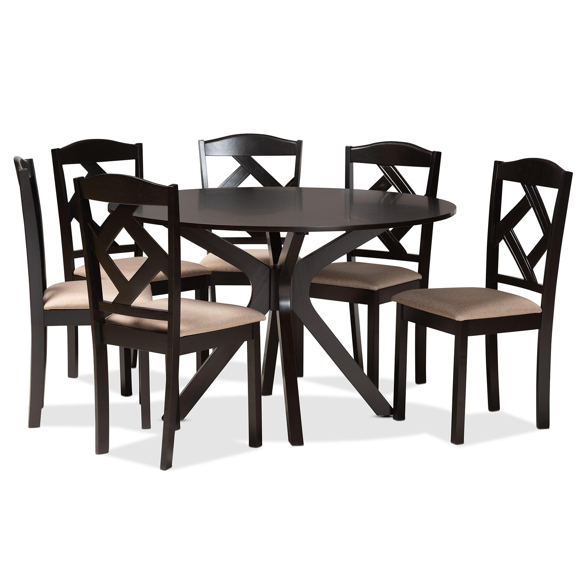 Carlin Sand Fabric Upholstered and Finished Wood 7-Piece Dining Set