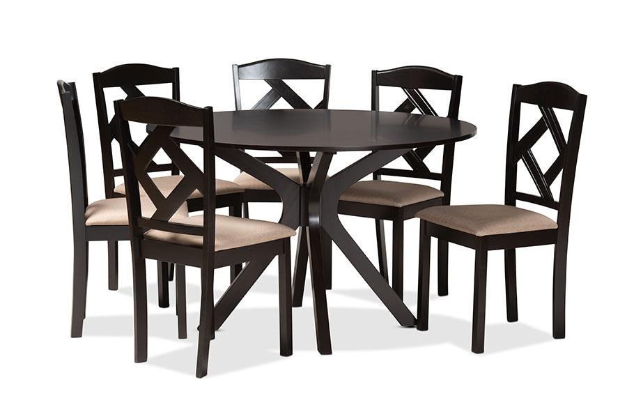 Carlin Sand Fabric Upholstered and Finished Wood 7-Piece Dining Set