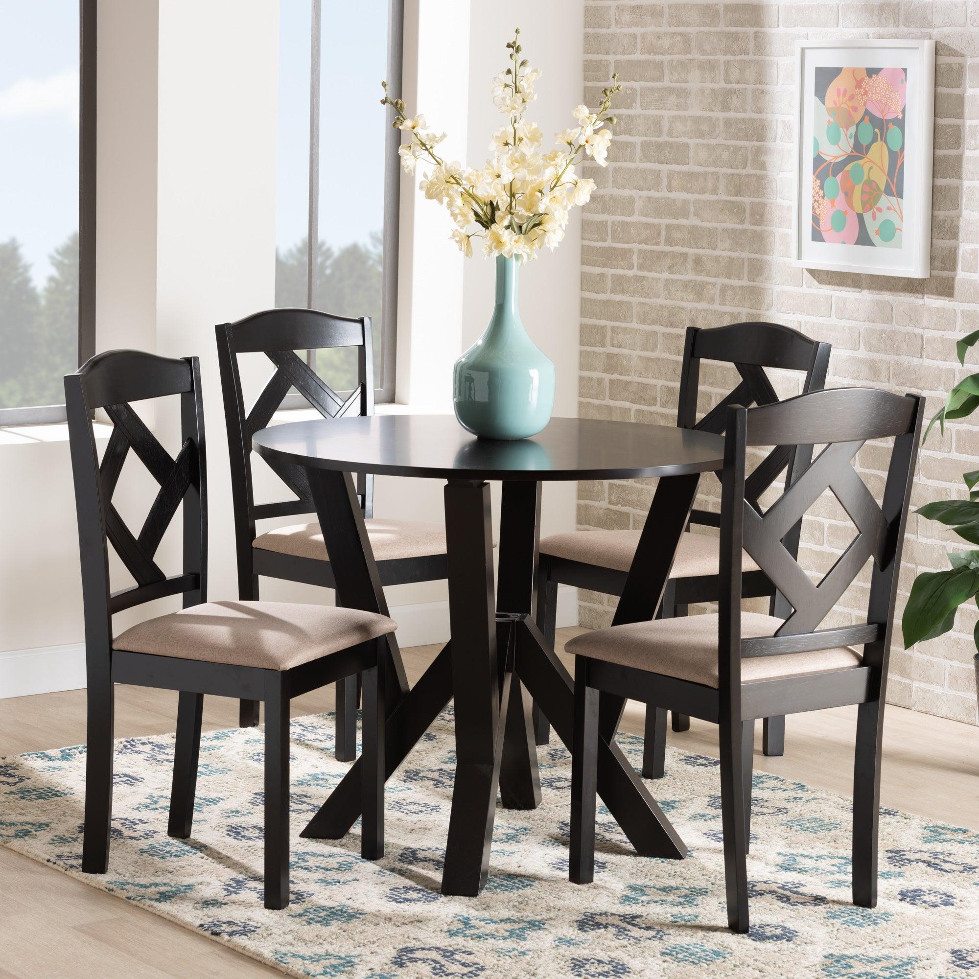 Riona Sand Fabric Upholstered and Finished Wood 5-Piece Dining Set