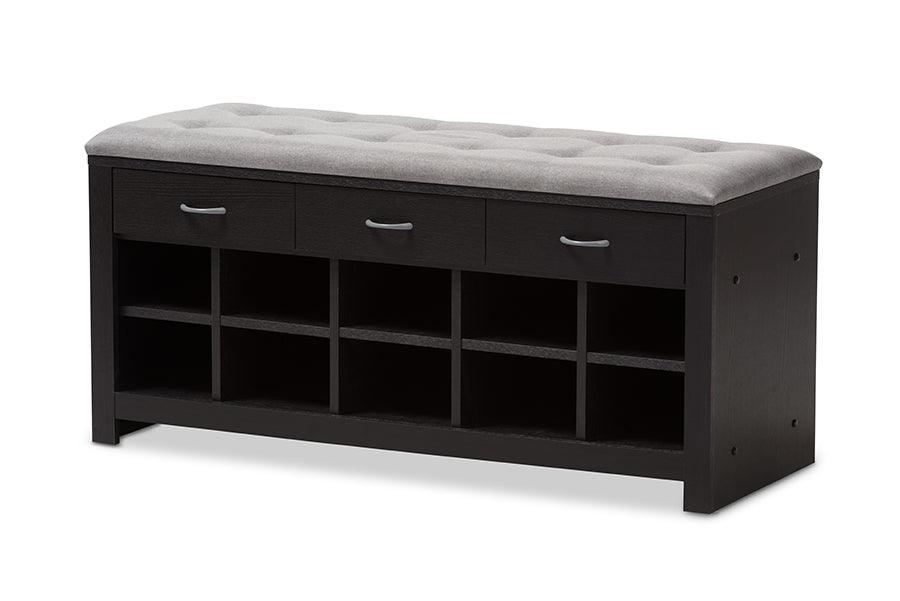 Modern and Contemporary Espresso Finished Fabric Upholstered Cushioned Entryway Bench