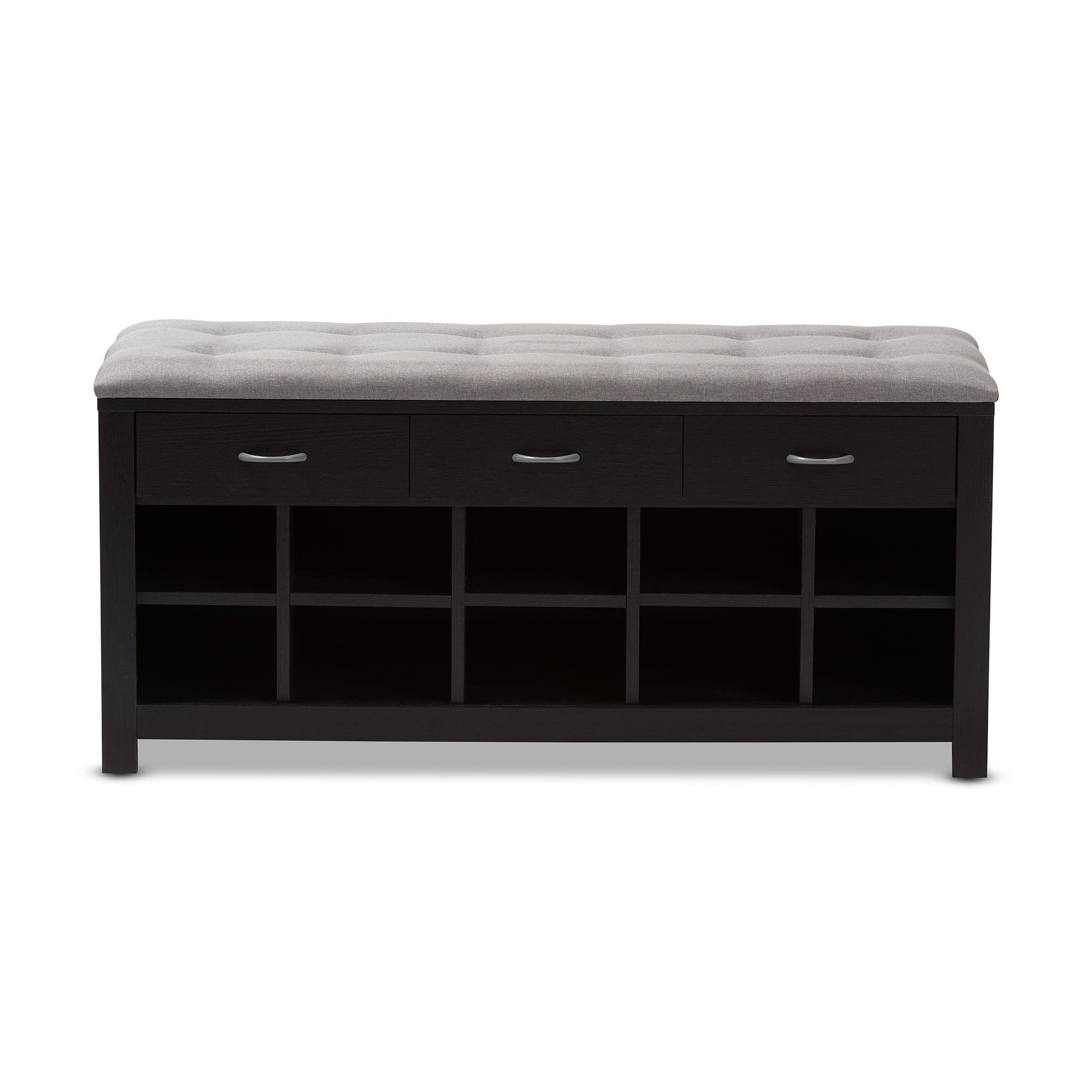 Modern and Contemporary Espresso Finished Fabric Upholstered Cushioned Entryway Bench