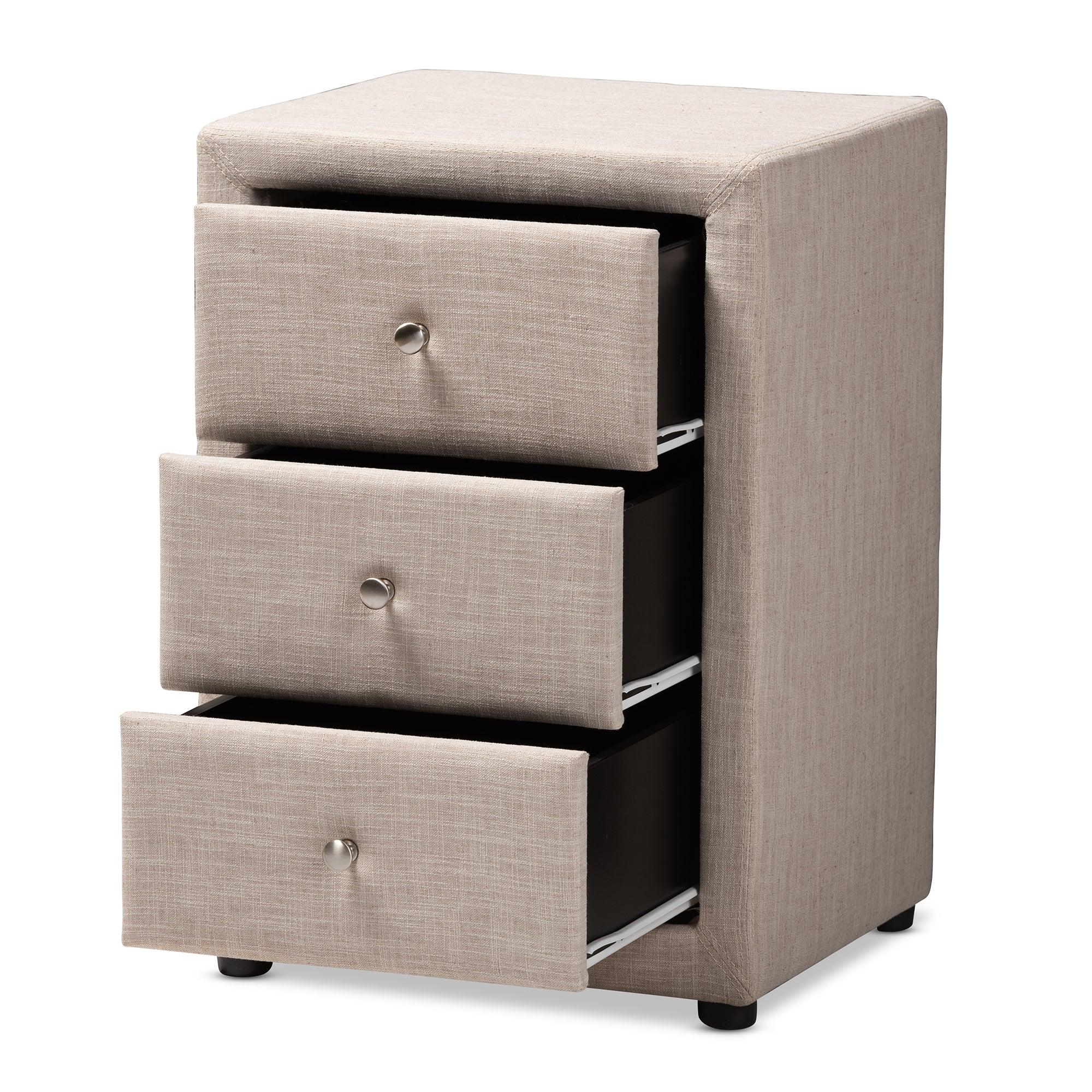 Tessa Modern and Contemporary Fabric Upholstered 3-Drawer Nightstand