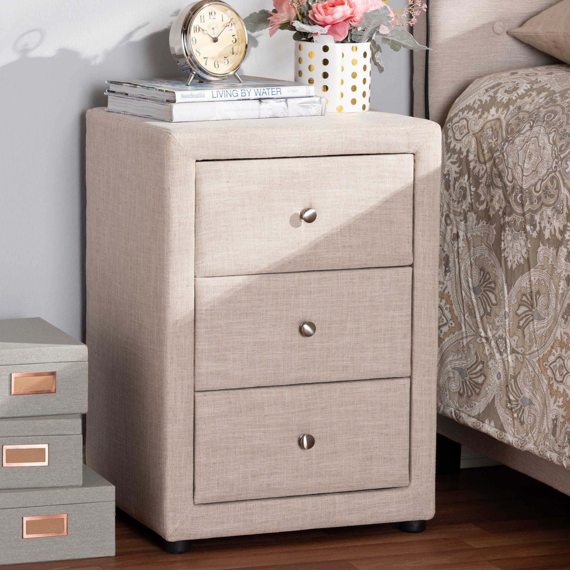 Tessa Modern and Contemporary Fabric Upholstered 3-Drawer Nightstand