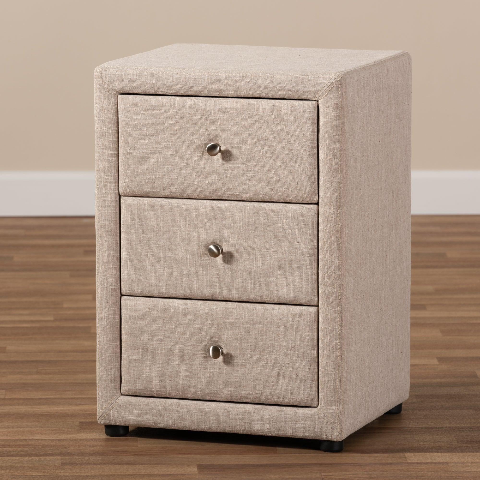 Tessa Modern and Contemporary Fabric Upholstered 3-Drawer Nightstand