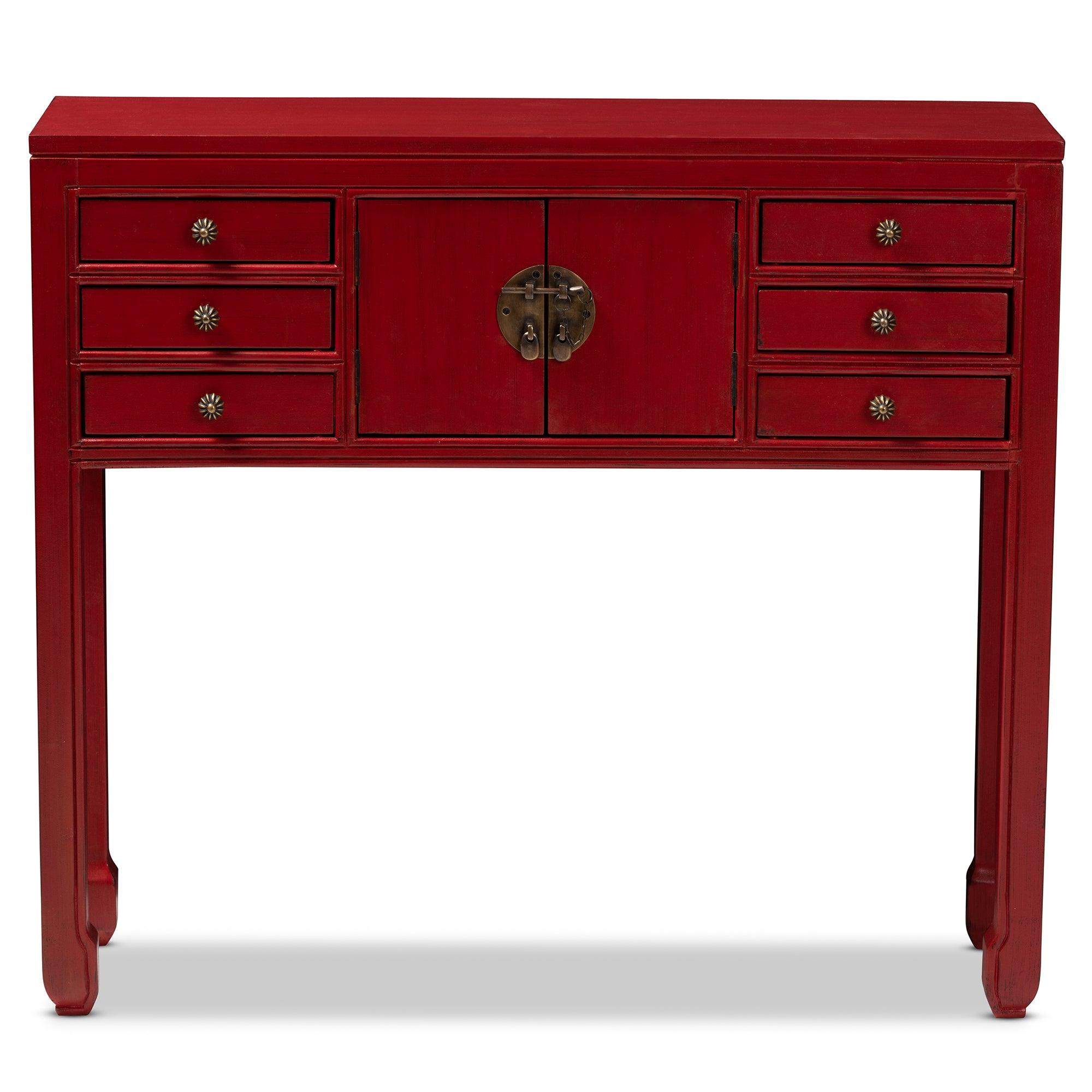 Melodie Classic and Antique Finished Wood Bronze Finished Accents 6-Drawer Console Table