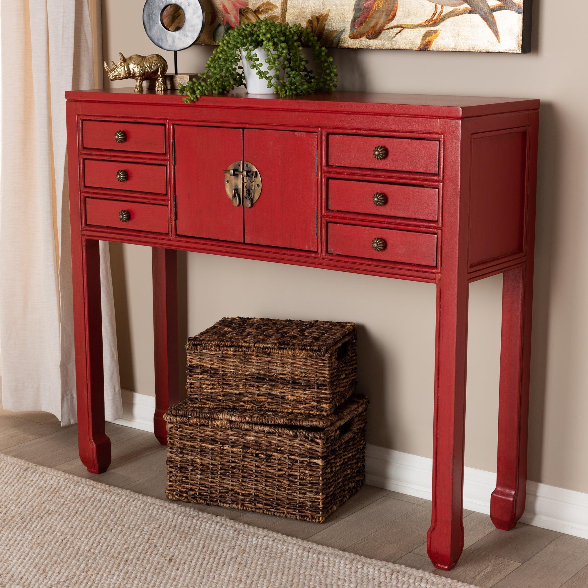 Melodie Classic and Antique Finished Wood Bronze Finished Accents 6-Drawer Console Table