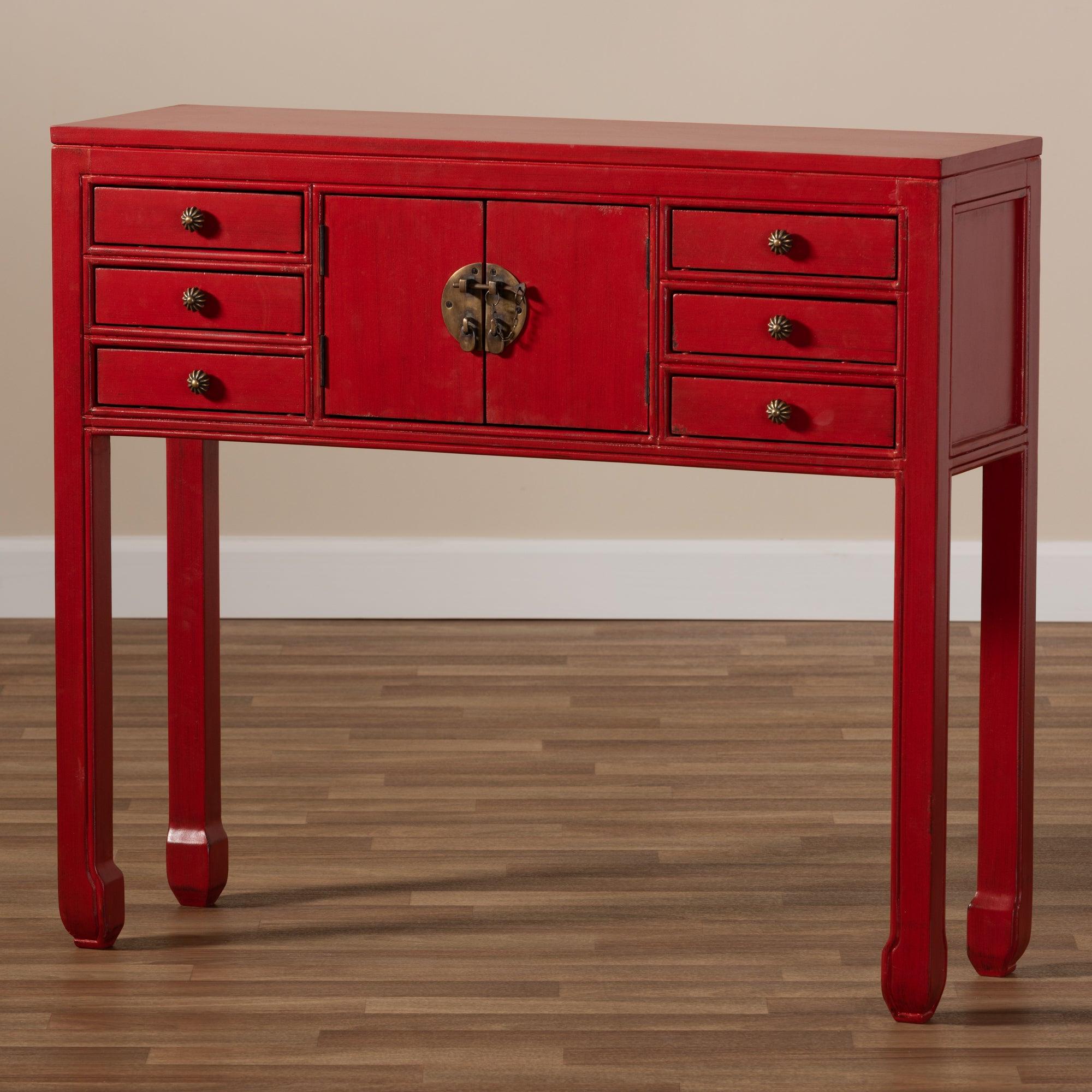 Melodie Classic and Antique Finished Wood Bronze Finished Accents 6-Drawer Console Table