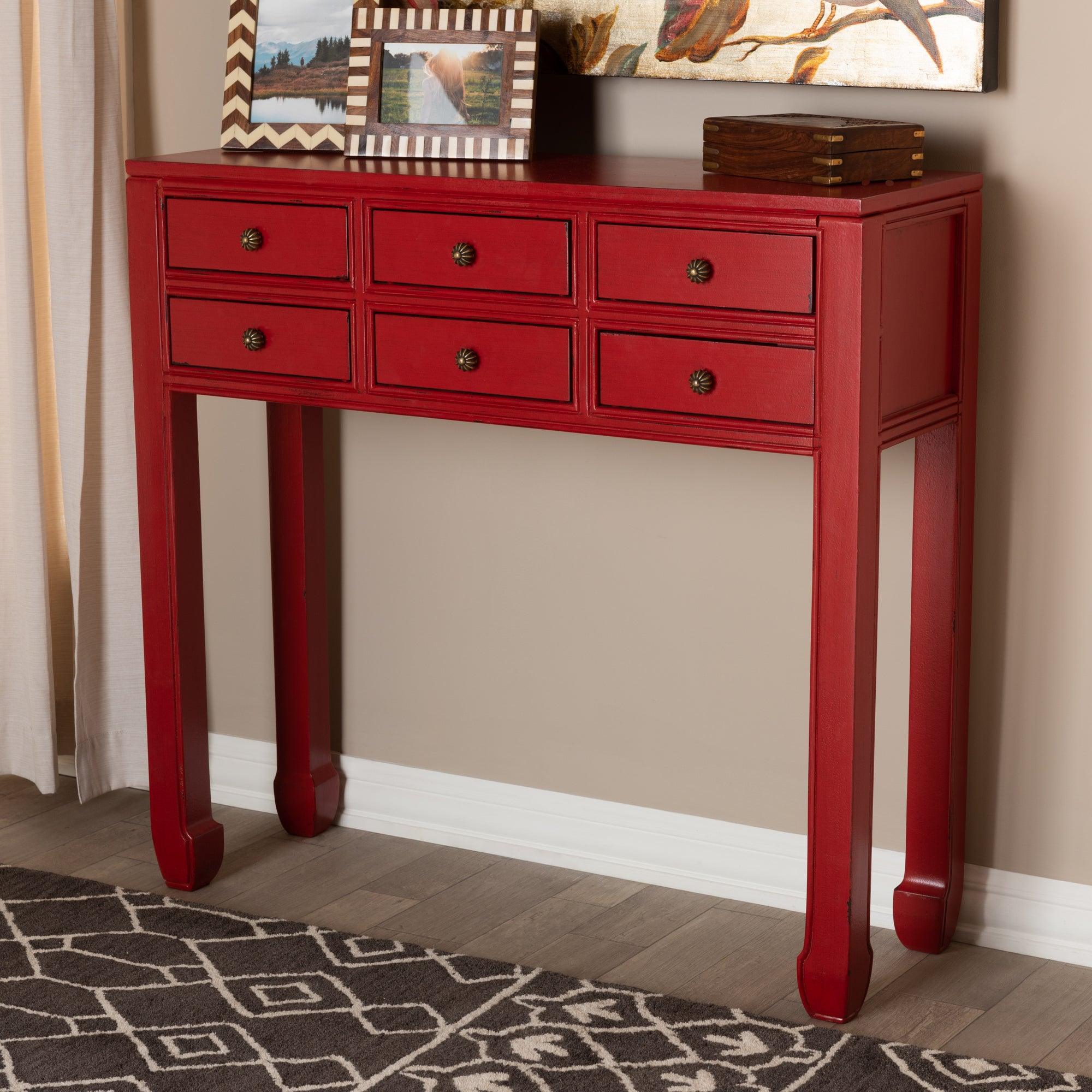 Pomme Classic and Antique Finished Wood Bronze Finished Accents 6-Drawer Console Table