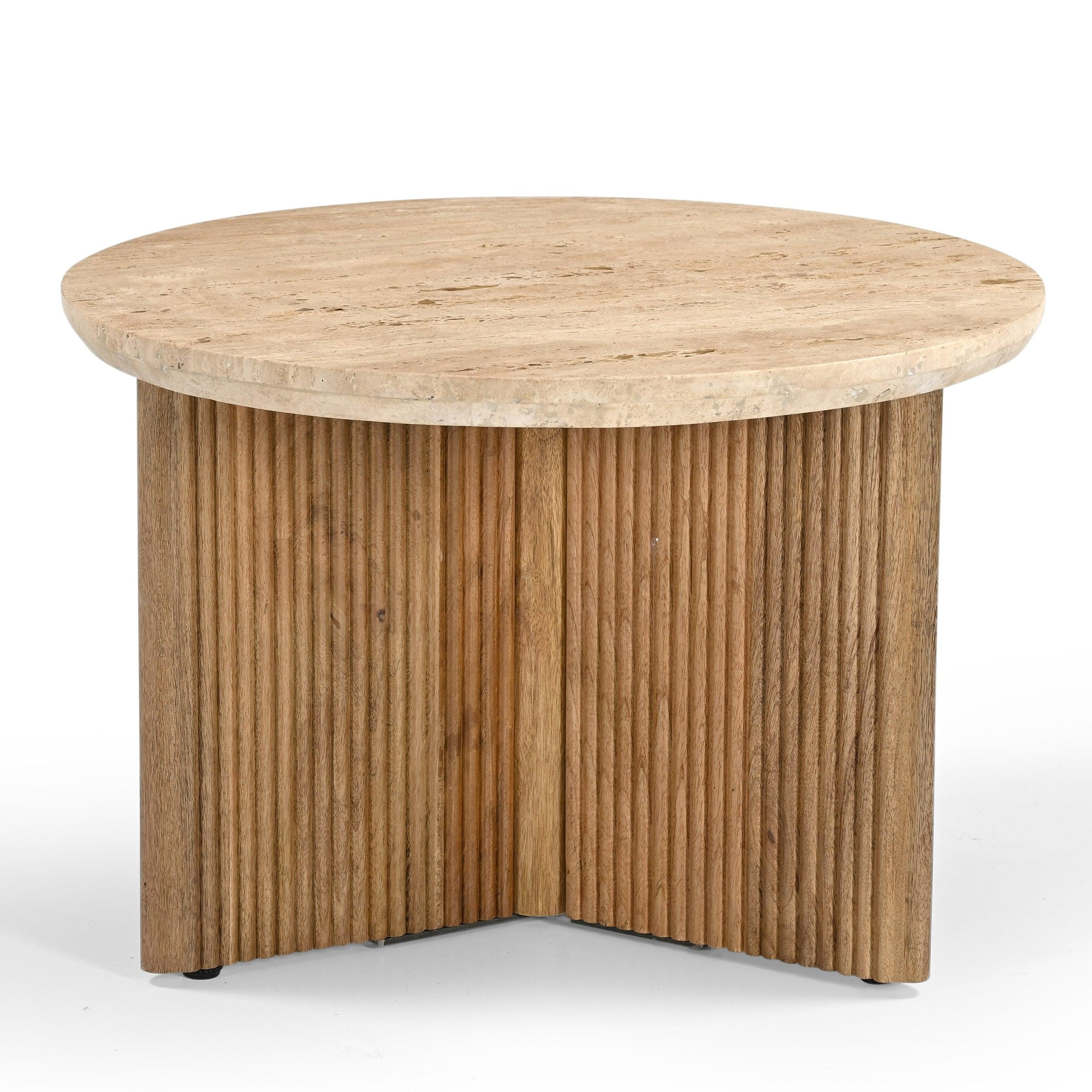 Modrest Pawnee Modern Travertine Marble Wood Round End Table