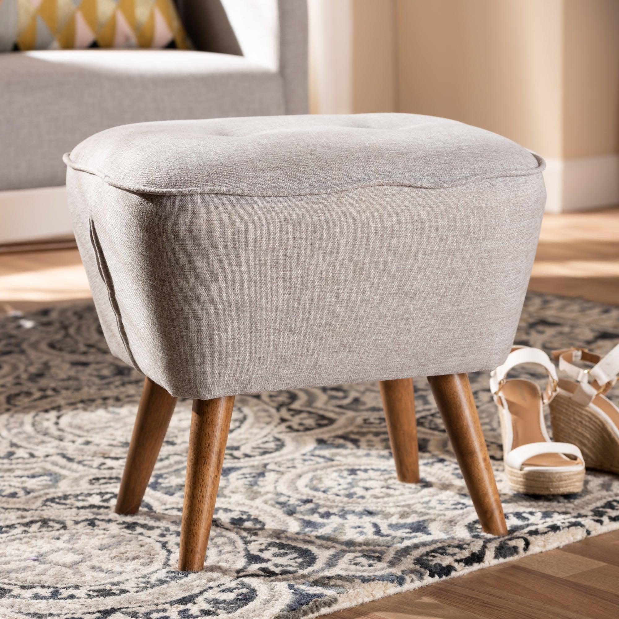 Petronelle Mid-Century Modern ish Fabric Upholstered Finished Wood Ottoman