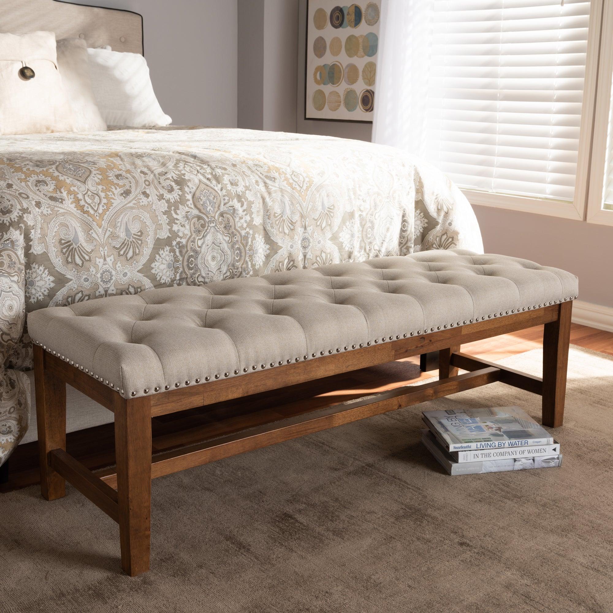 Ainsley Modern and Contemporary Light Fabric Upholstered Finished Solid Rubberwood Bench