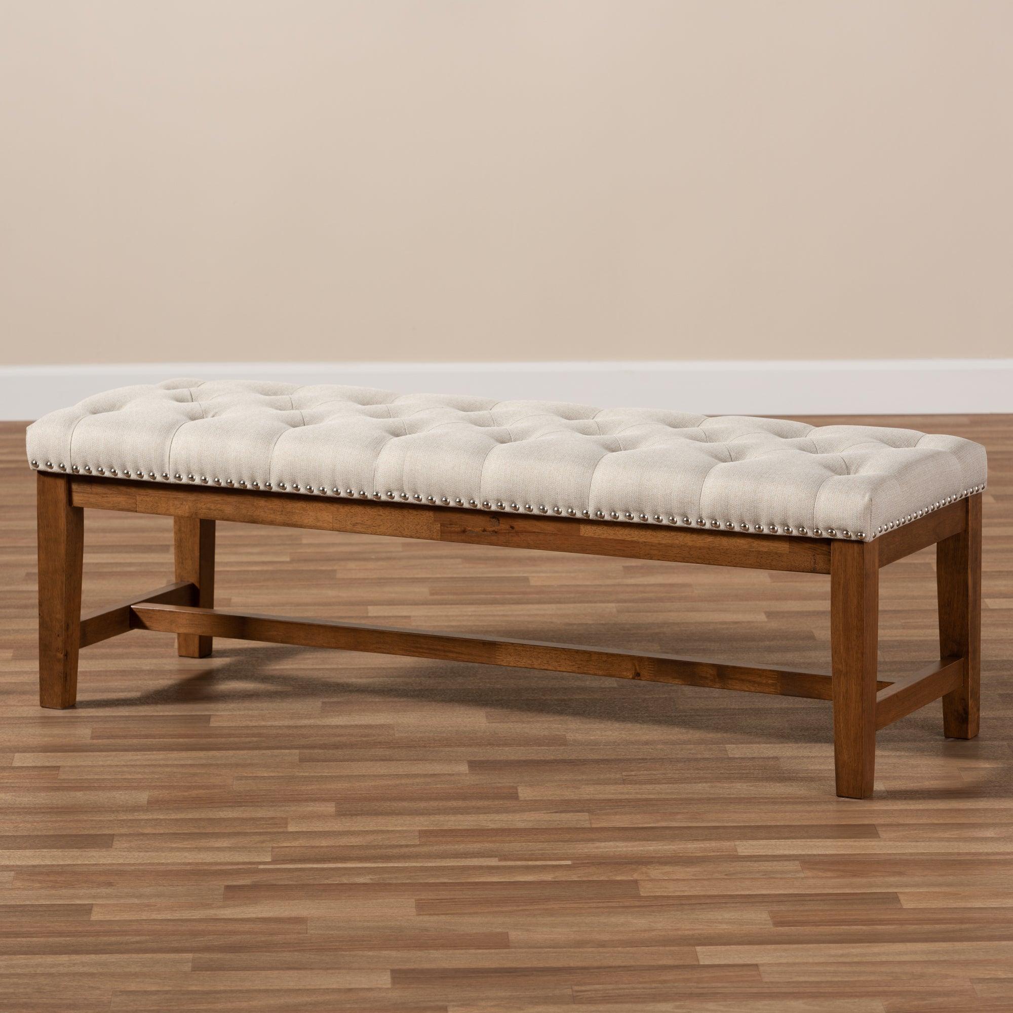 Ainsley Modern and Contemporary Light Fabric Upholstered Finished Solid Rubberwood Bench