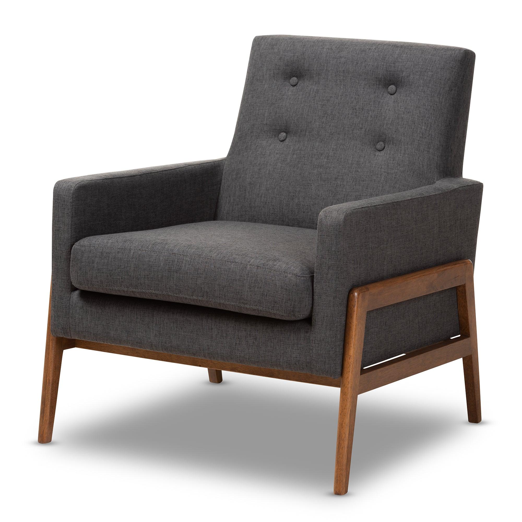 Perris Mid-Century Modern Dark Fabric Upholstered Wood Lounge Chair