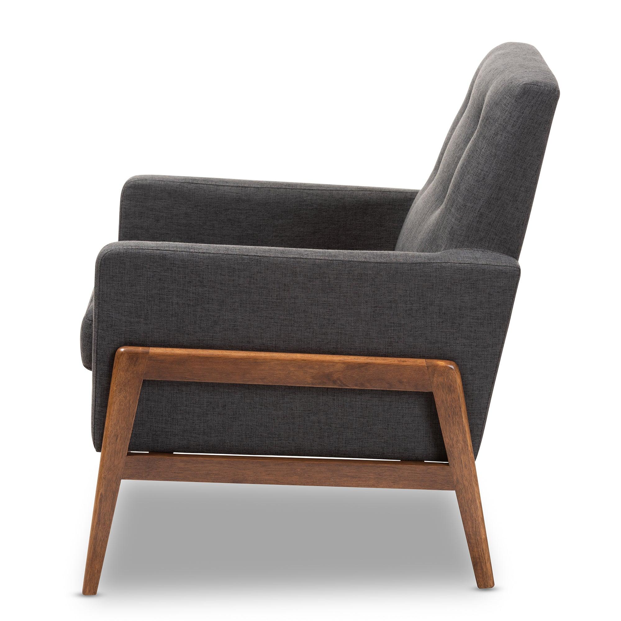 Perris Mid-Century Modern Dark Fabric Upholstered Wood Lounge Chair