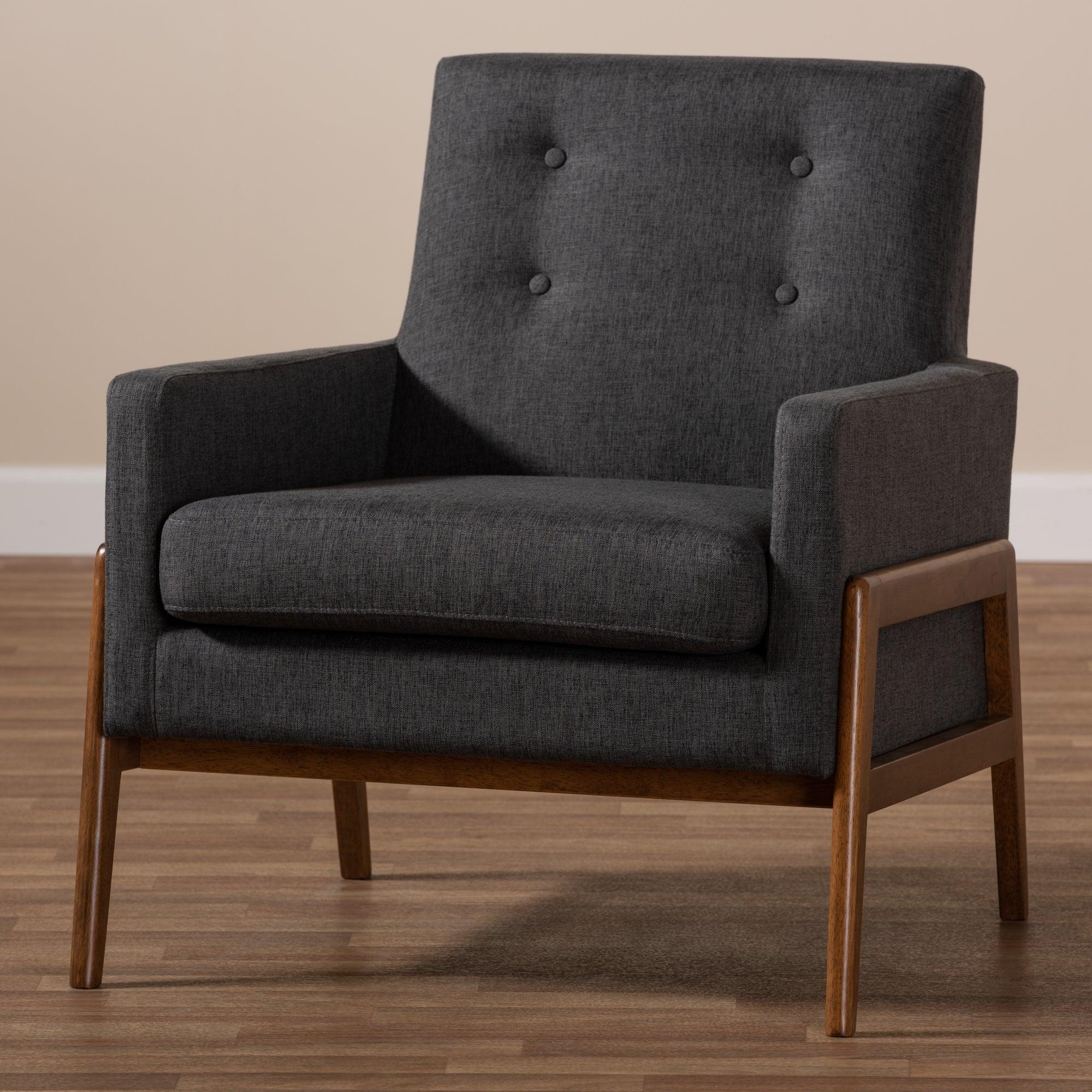 Perris Mid-Century Modern Dark Fabric Upholstered Wood Lounge Chair