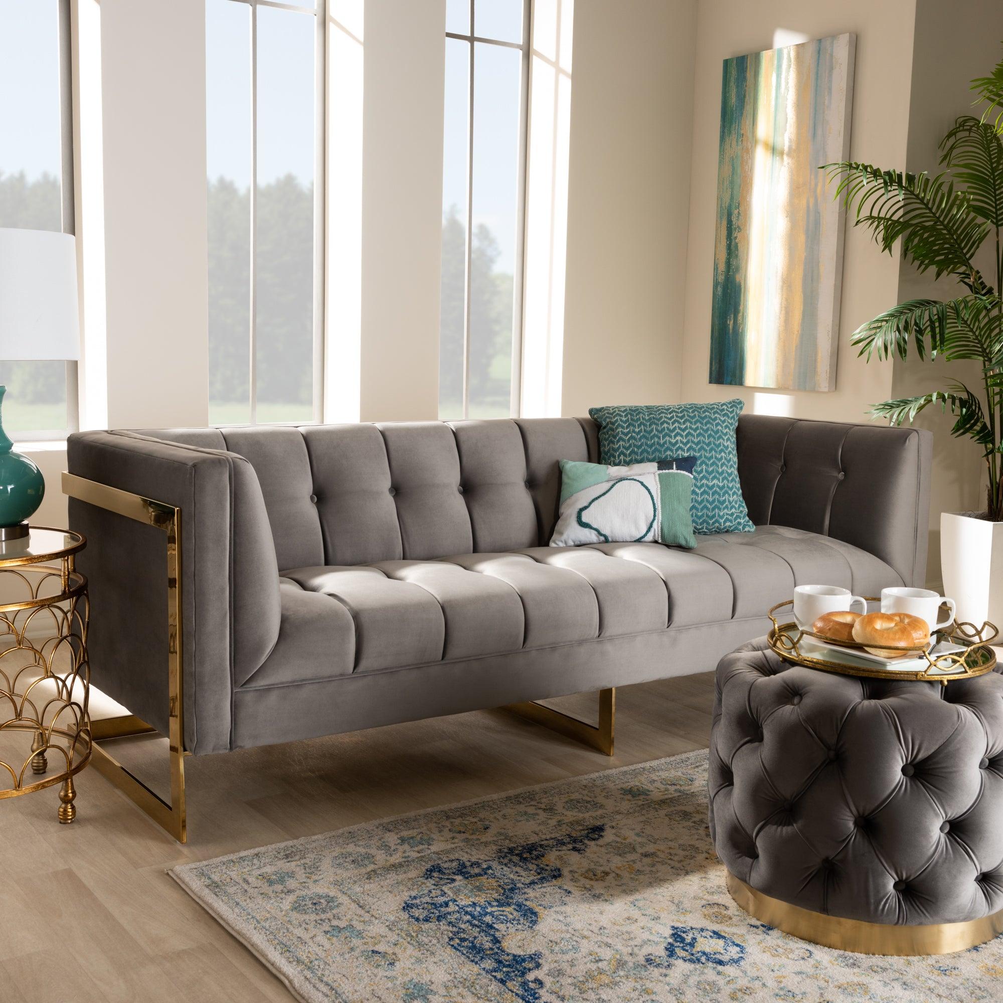 Ambra Glam and Luxe Velvet Fabric Upholstered and Button Tufted Sofa with -Tone Frame