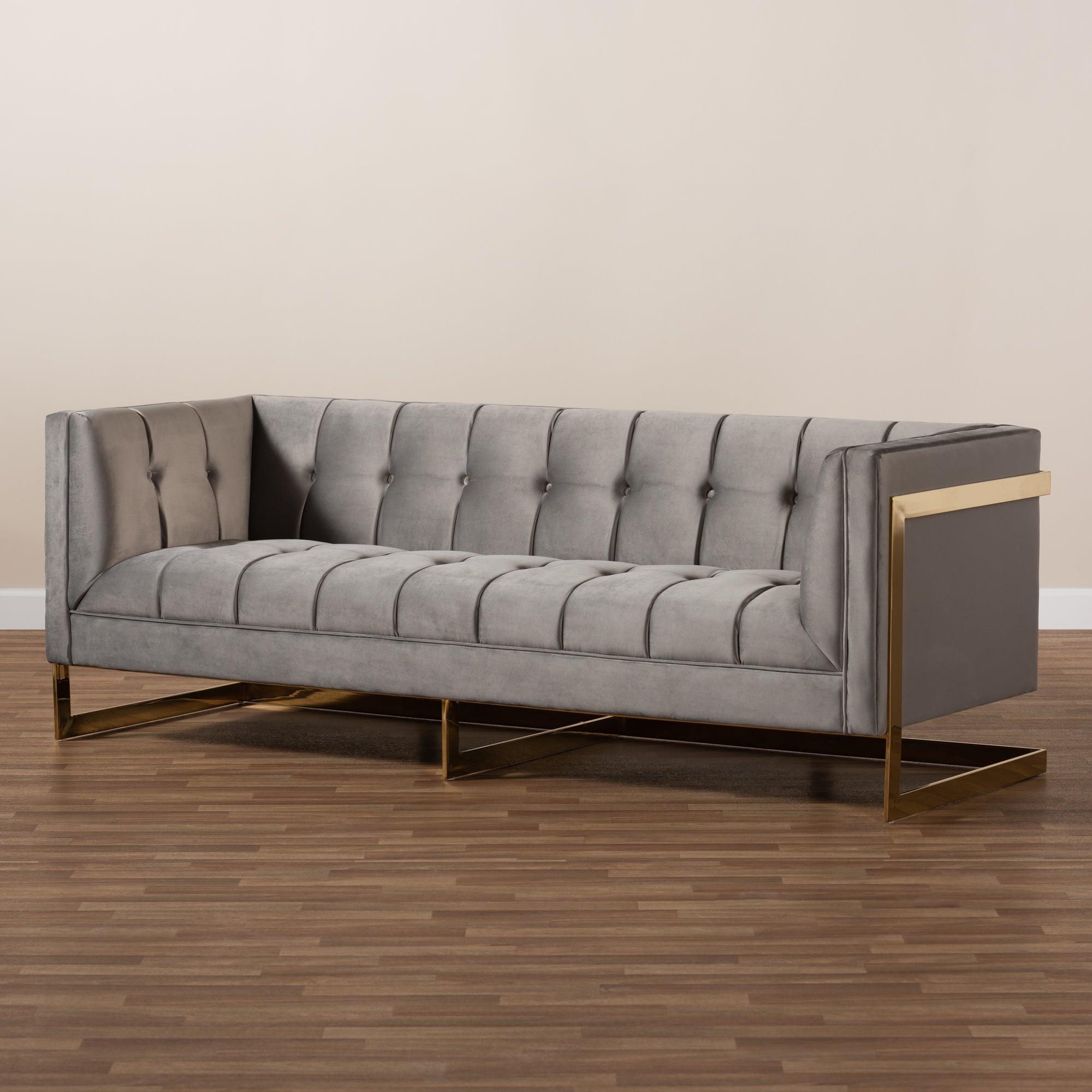 Ambra Glam and Luxe Velvet Fabric Upholstered and Button Tufted Sofa with -Tone Frame