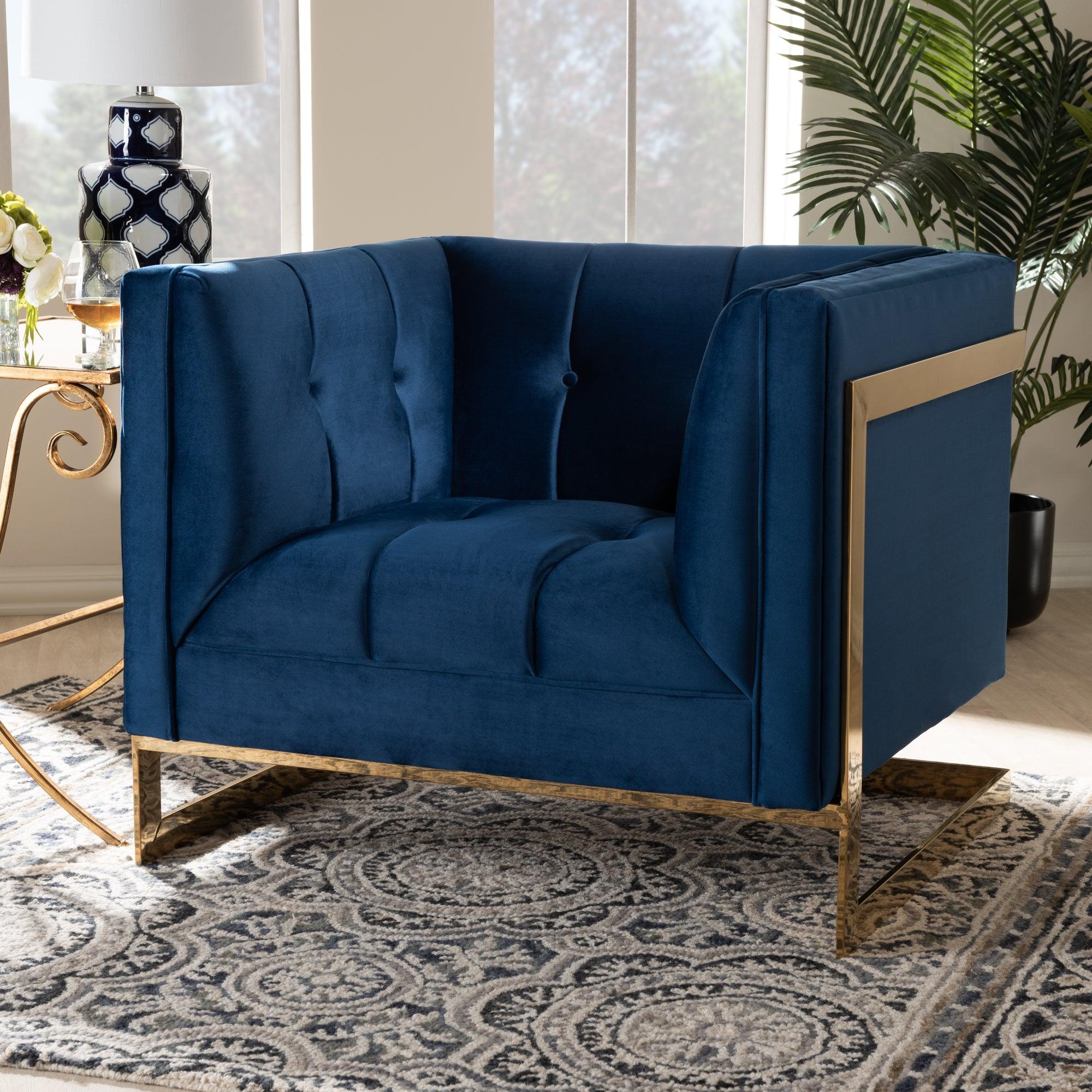 Ambra Glam and Luxe Royal Velvet Fabric Upholstered and Button Tufted Armchair with -Tone Frame