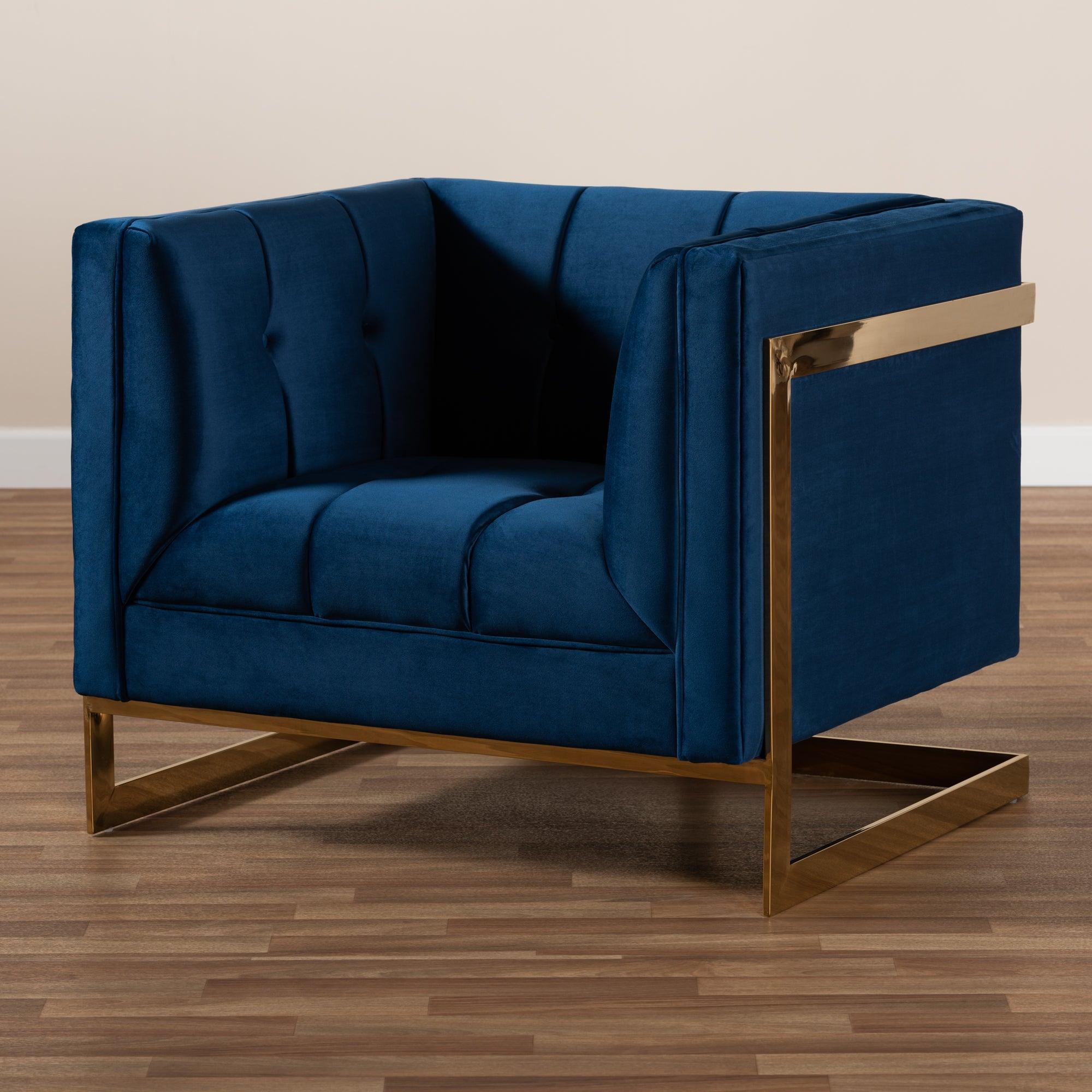 Ambra Glam and Luxe Royal Velvet Fabric Upholstered and Button Tufted Armchair with -Tone Frame