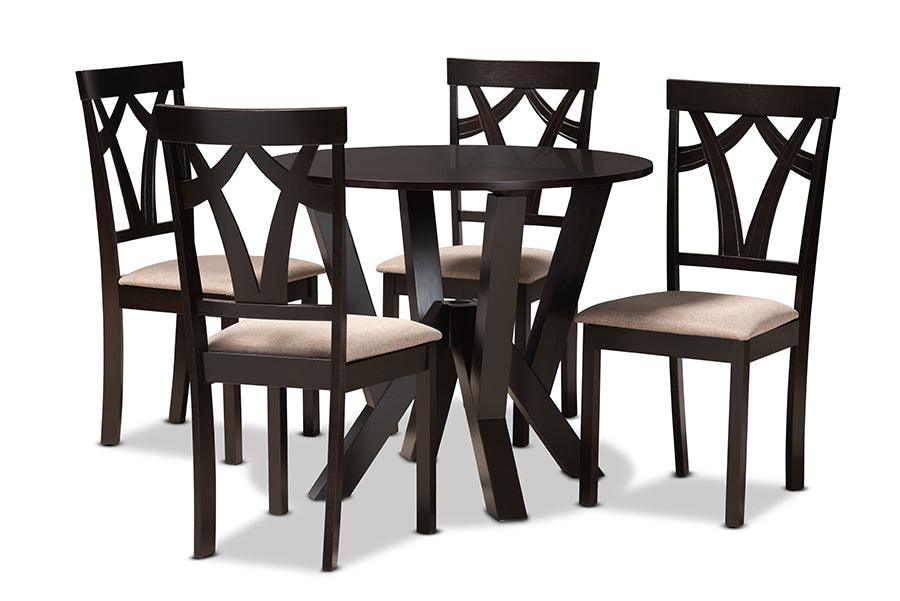 Reagan Modern and Contemporary Sand Fabric Upholstered and Finished Wood 5-Piece Dining Set