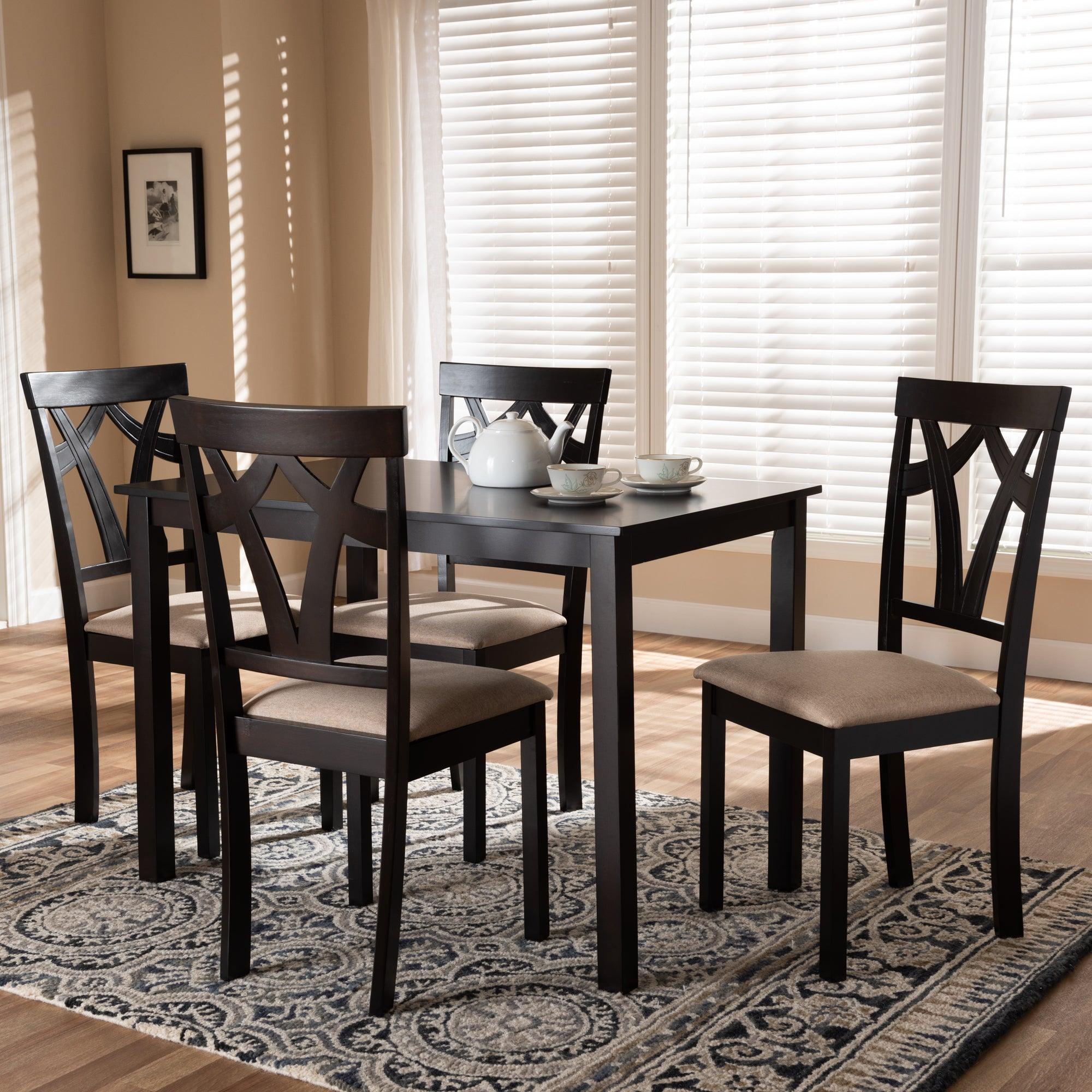 Sylvia Modern and Contemporary Espresso Finished and Sand Fabric Upholstered 5-Piece Dining Set