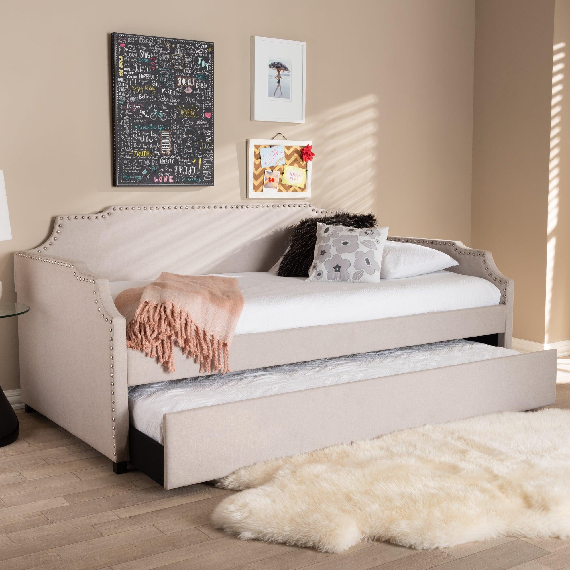 Ally Modern and Contemporary Fabric Upholstered Sofa Daybed with Roll Out Trundle Guest Bed