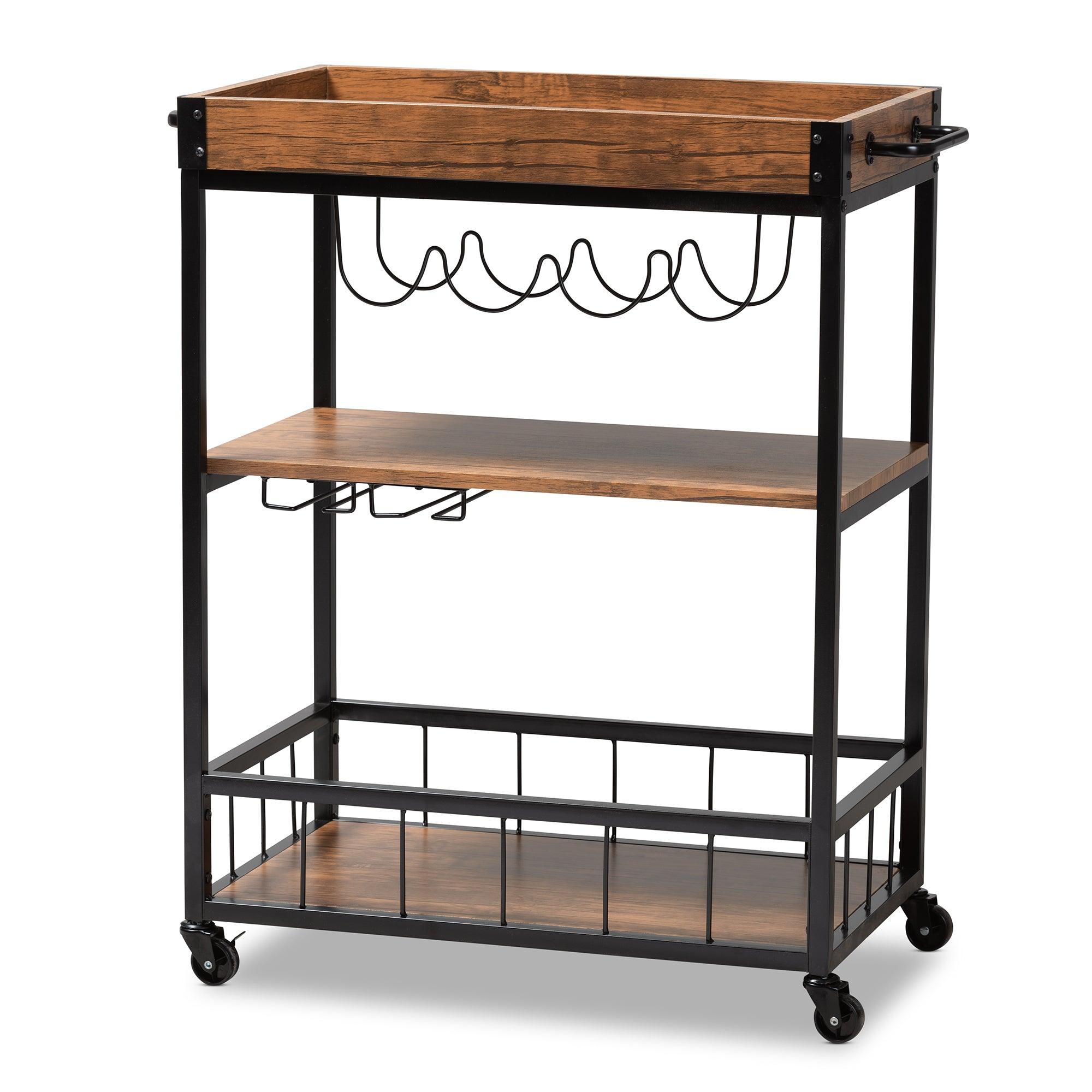 Cerne Vintage Rustic Industrial and Finished Mobile Metal Bar Cart with Wine Bottle Rack