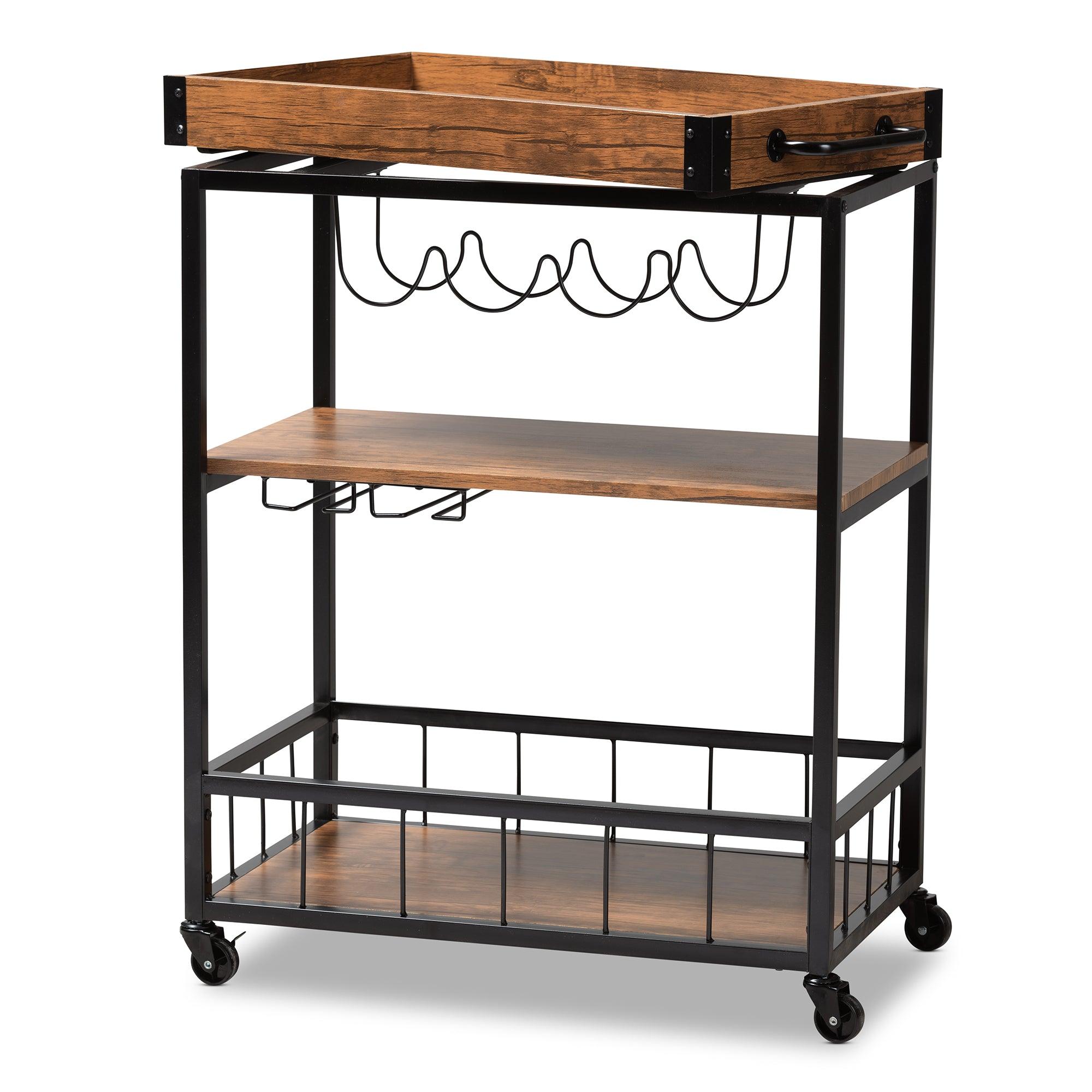 Cerne Vintage Rustic Industrial and Finished Mobile Metal Bar Cart with Wine Bottle Rack