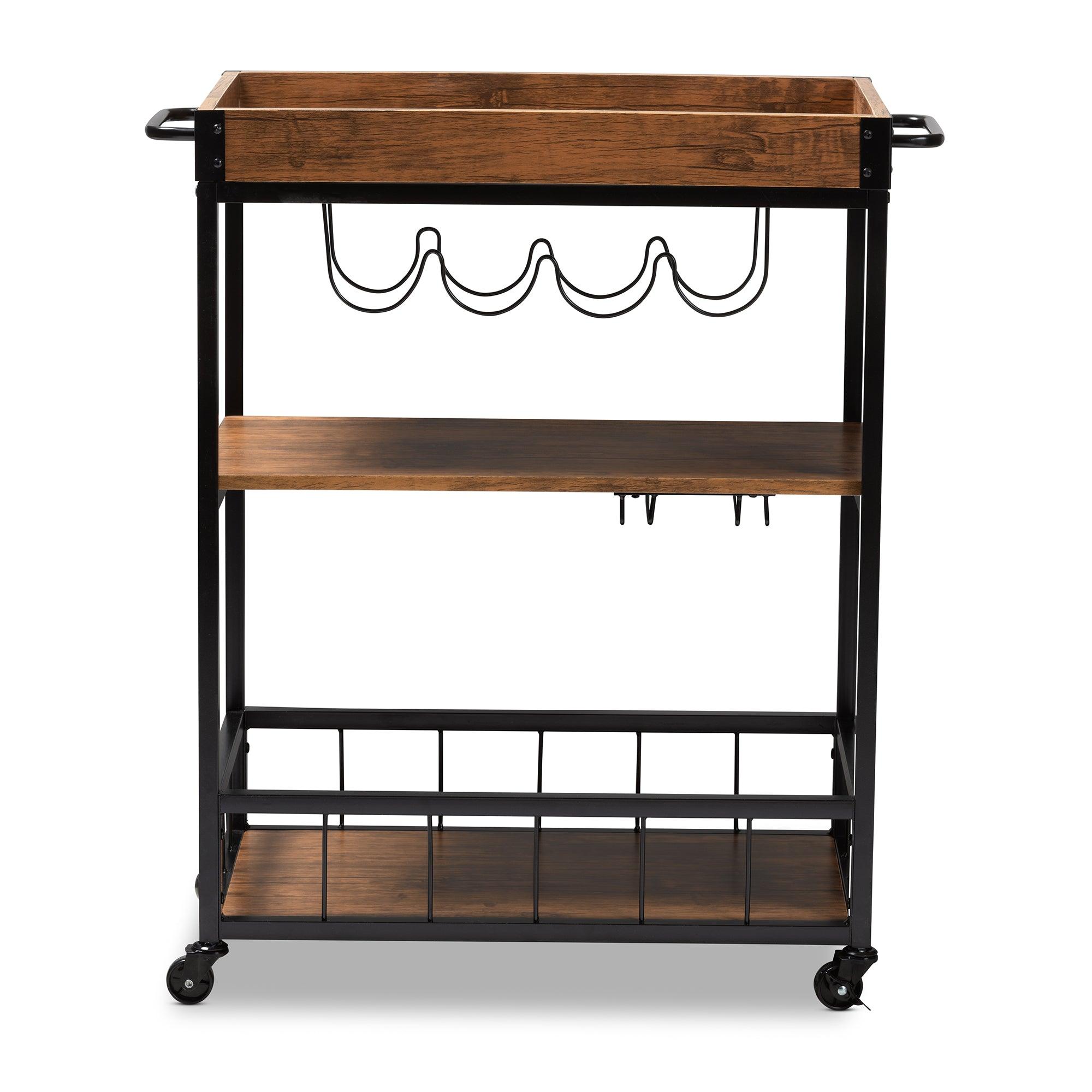 Cerne Vintage Rustic Industrial and Finished Mobile Metal Bar Cart with Wine Bottle Rack