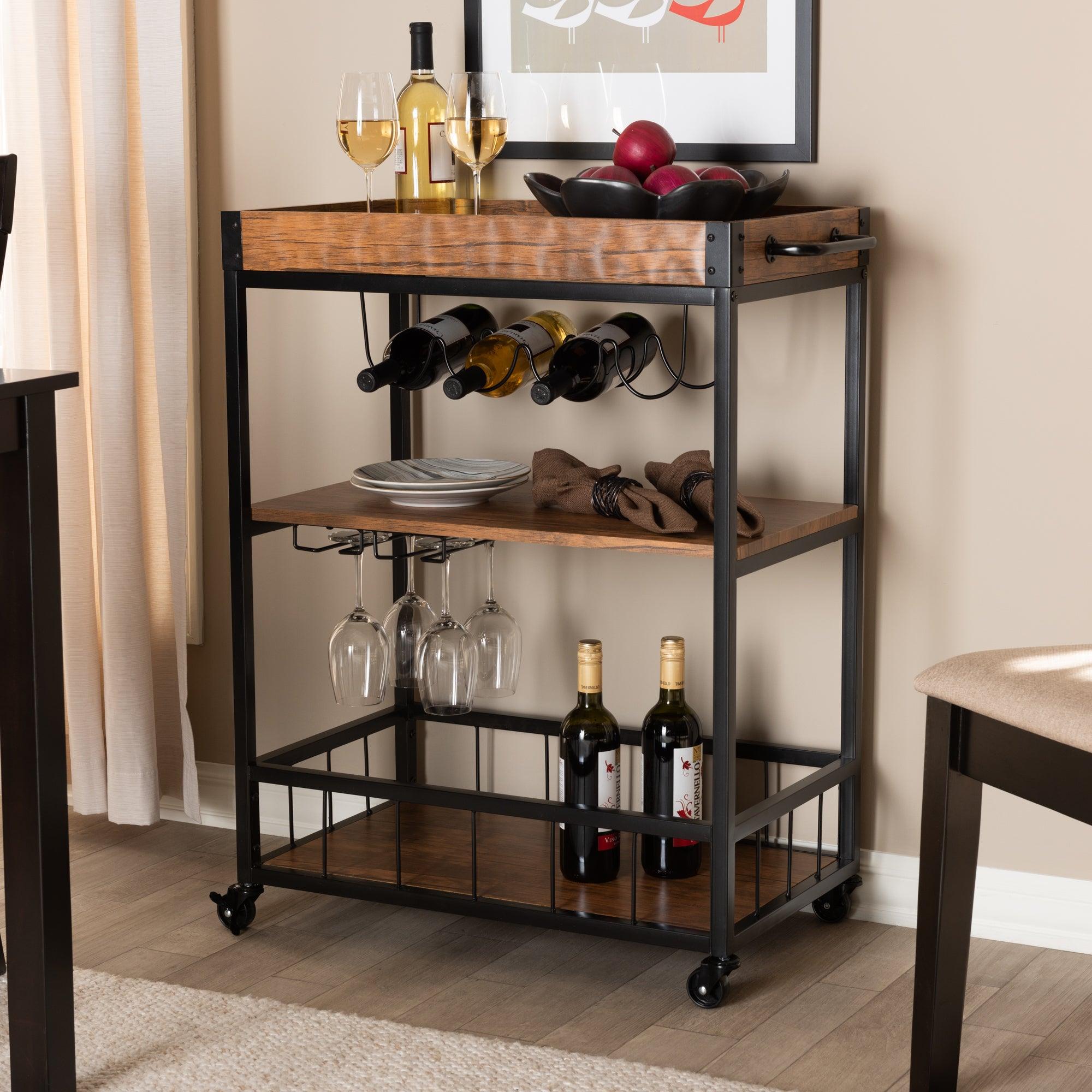 Cerne Vintage Rustic Industrial and Finished Mobile Metal Bar Cart with Wine Bottle Rack