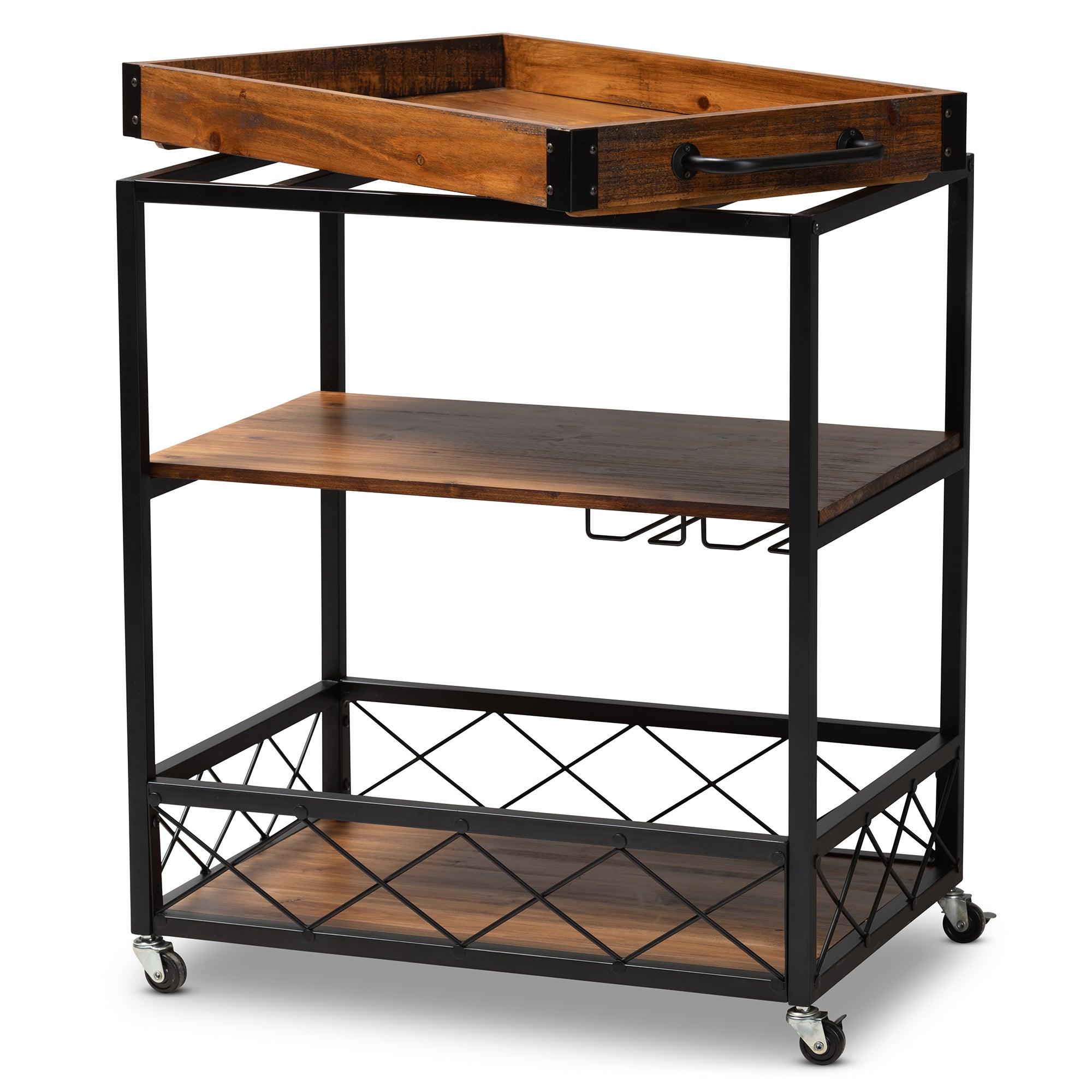 Capri Vintage Rustic Industrial and Finished Mobile Metal Bar Cart with Stemware Rack