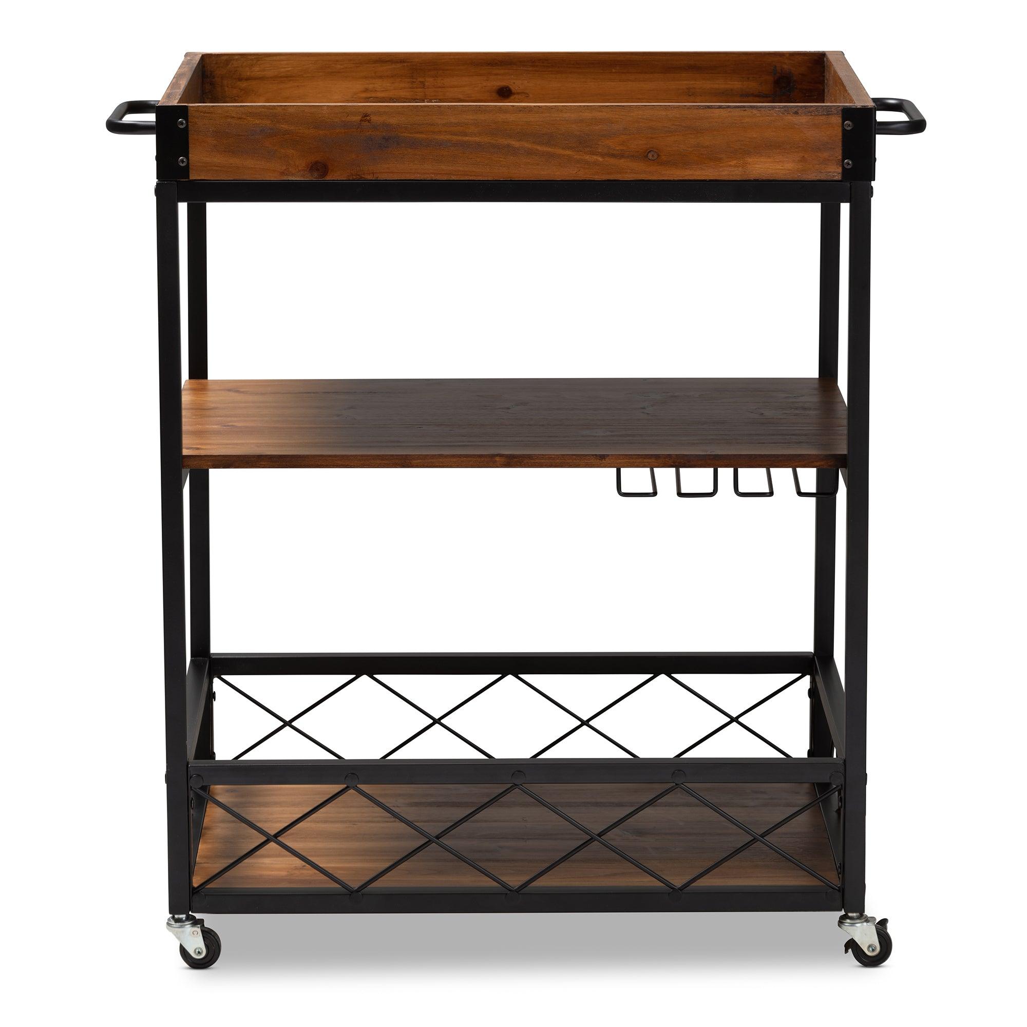 Capri Vintage Rustic Industrial and Finished Mobile Metal Bar Cart with Stemware Rack