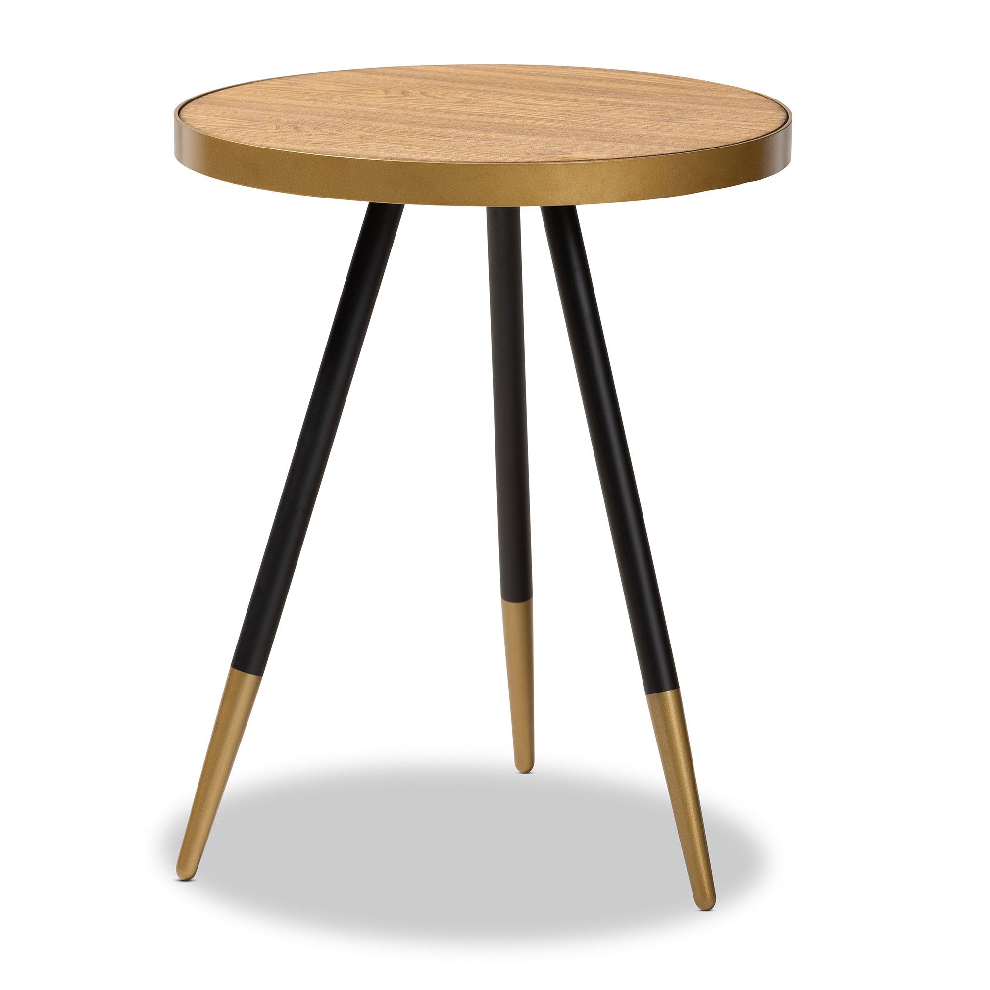 Lauro Modern and Contemporary Round Wood and Metal End Table with Two-Tone and Legs