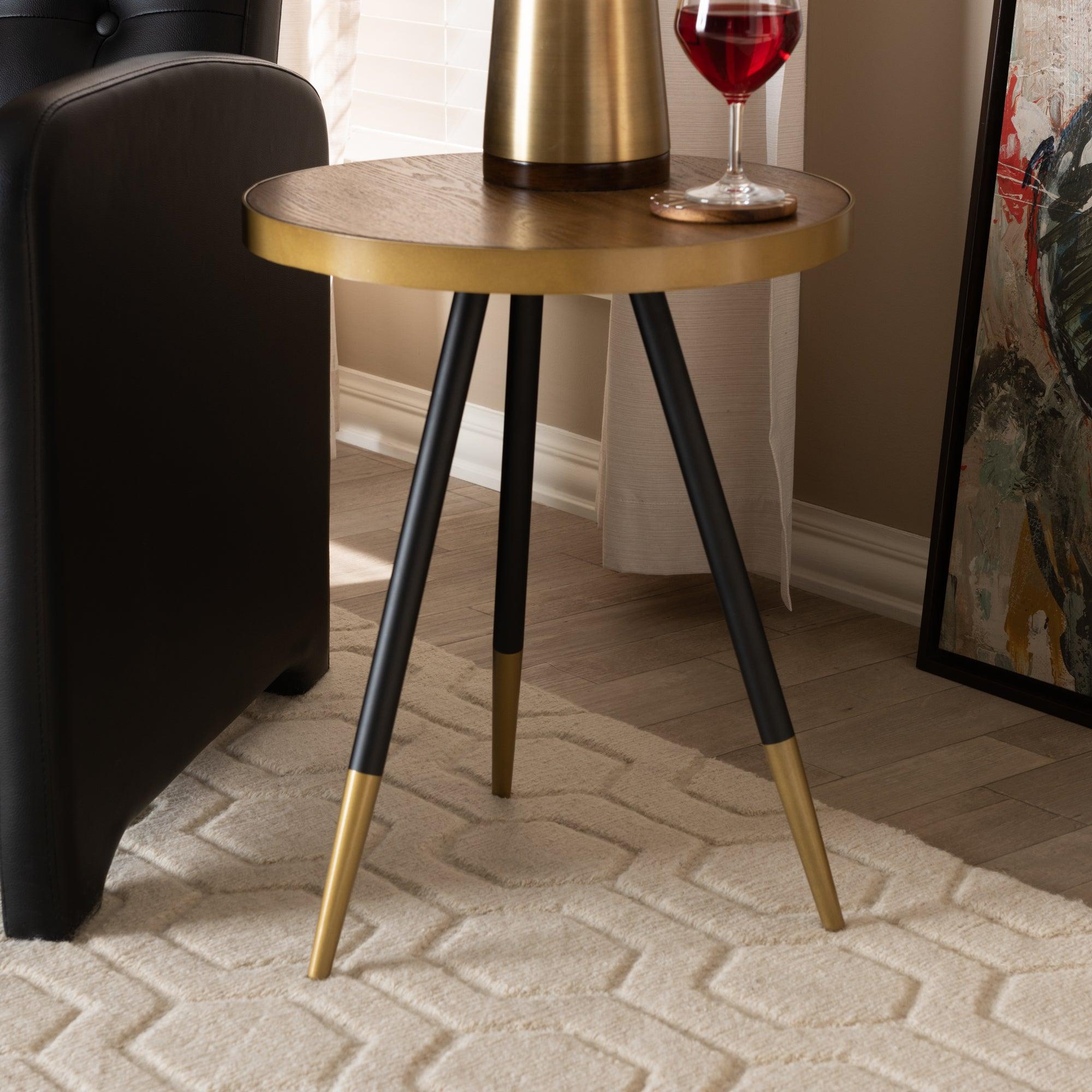 Lauro Modern and Contemporary Round Wood and Metal End Table with Two-Tone and Legs