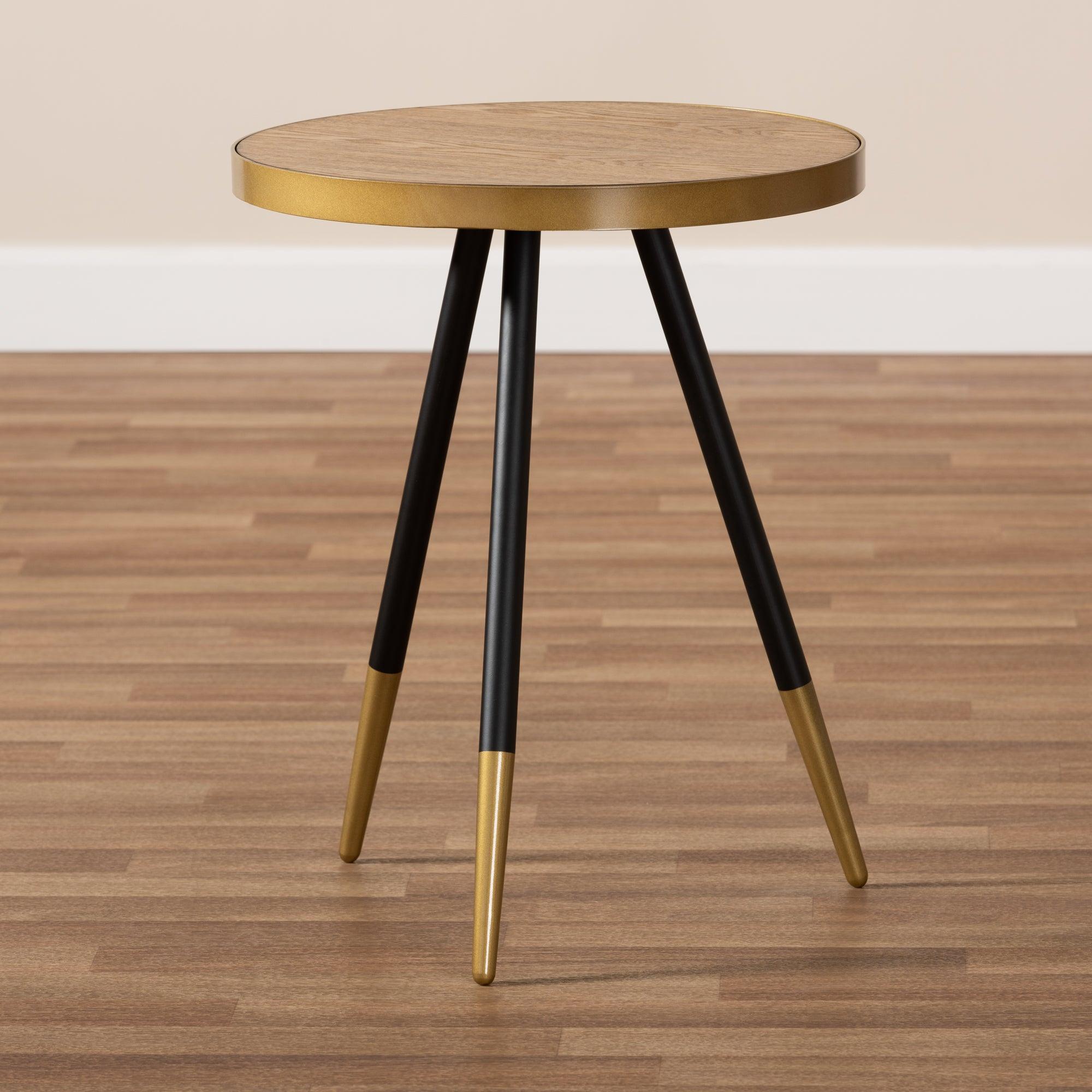 Lauro Modern and Contemporary Round Wood and Metal End Table with Two-Tone and Legs