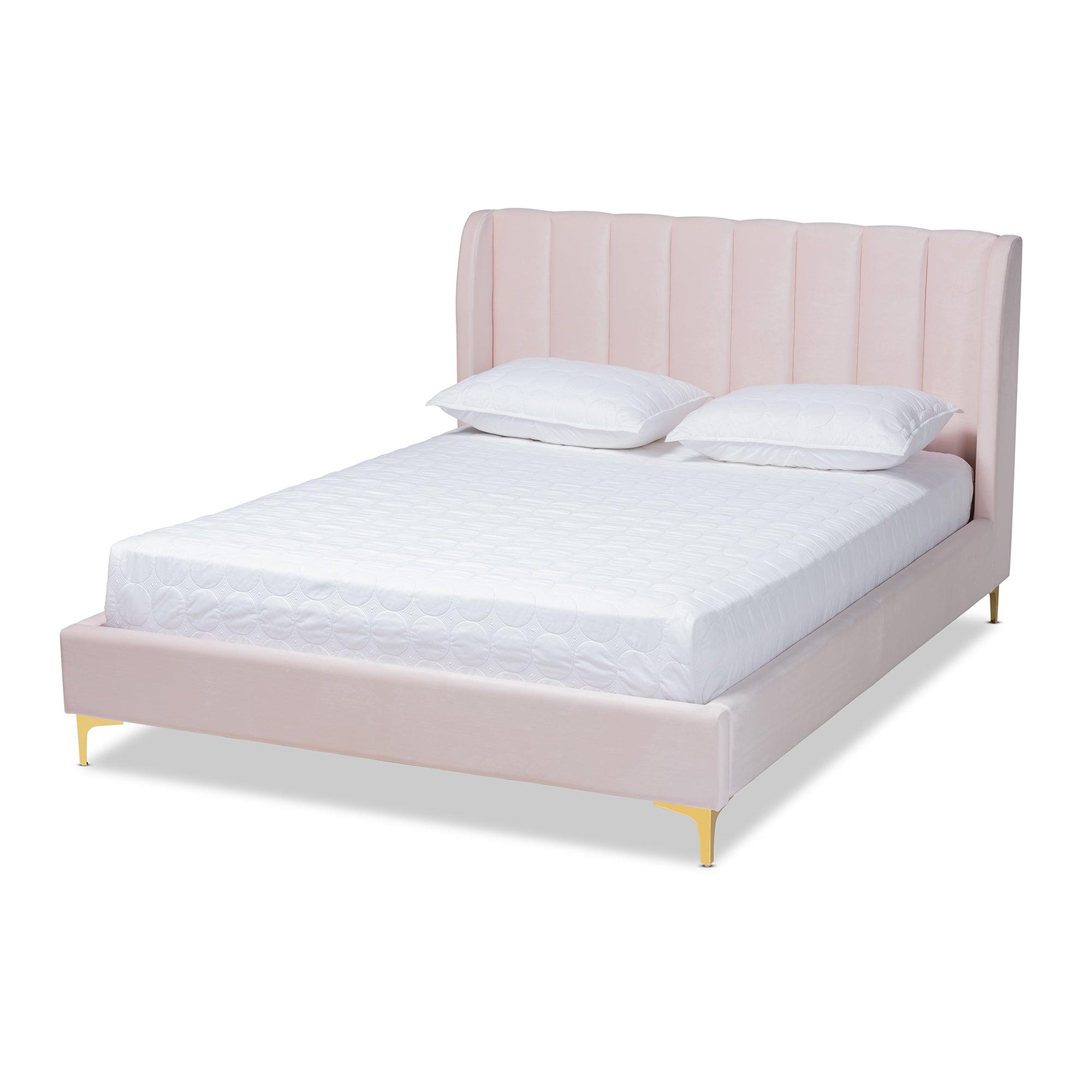 Saverio Glam and Luxe Light Velvet Fabric Upholstered Platform Bed with -Tone Legs