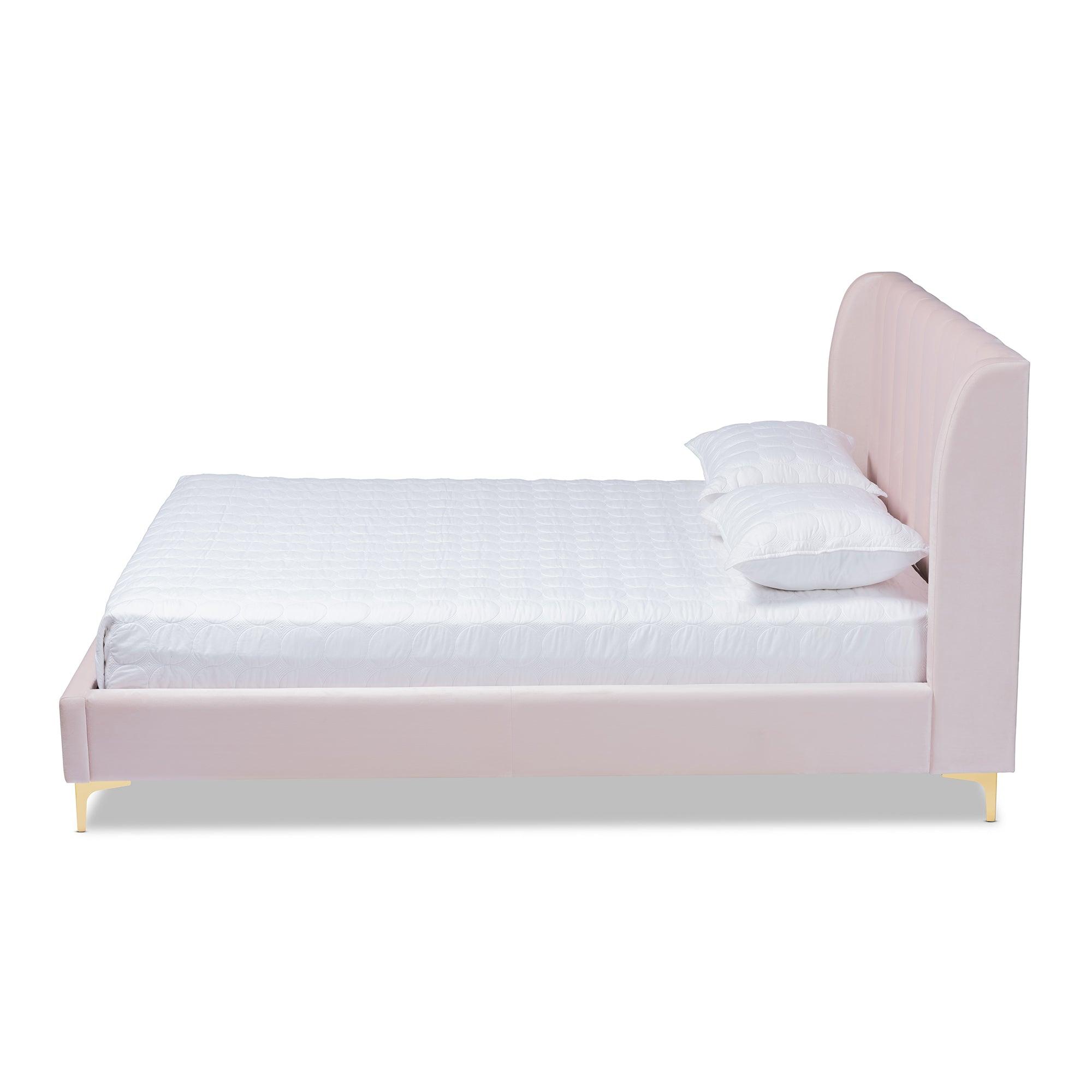 Saverio Glam and Luxe Light Velvet Fabric Upholstered Platform Bed with -Tone Legs